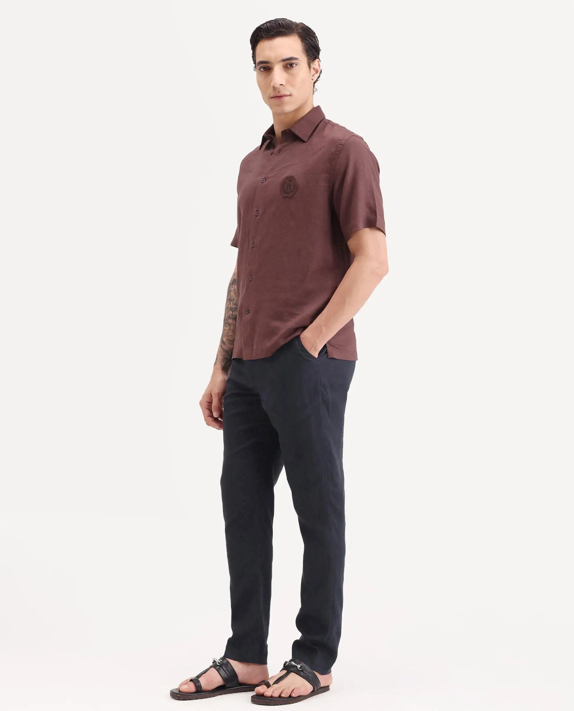 RARE Rabbit Men's Arcelo - Ss26 Dark Navy 100% Linen Fabric Regular Fit Plain Trouser