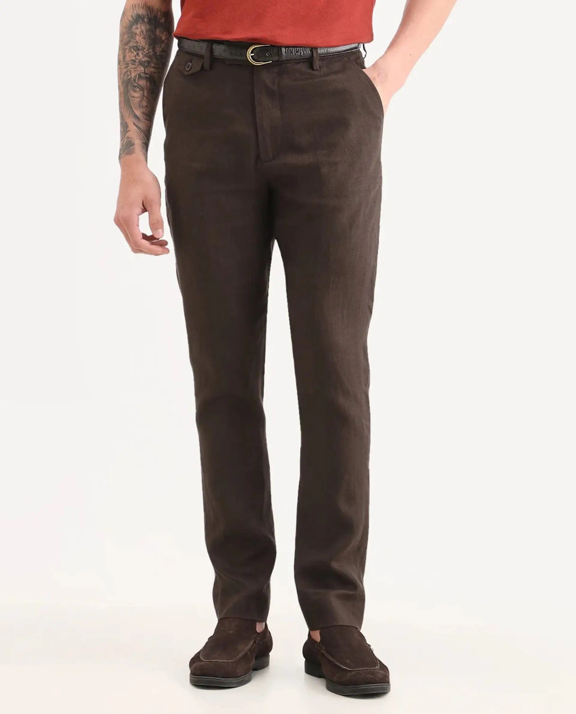 RARE Rabbit Men's Arcelo - Ss26 Dark Brown 100% Linen Fabric Regular Fit Plain Trouser