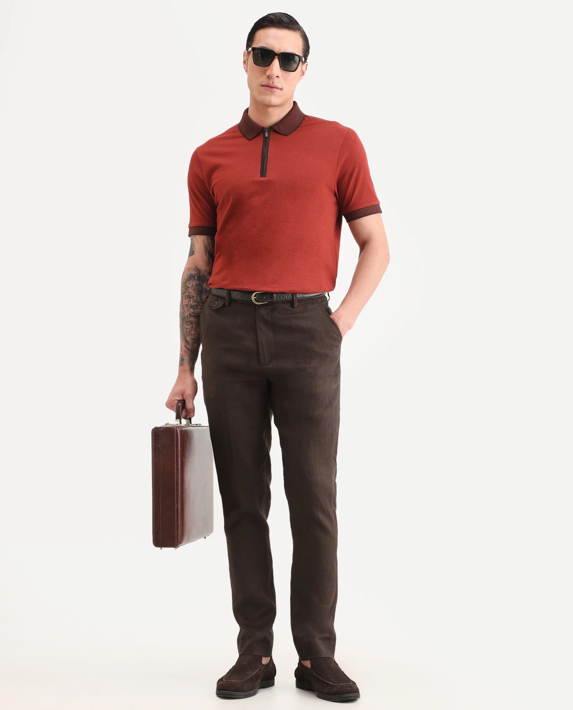 RARE Rabbit Men's Arcelo - Ss26 Dark Brown 100% Linen Fabric Regular Fit Plain Trouser