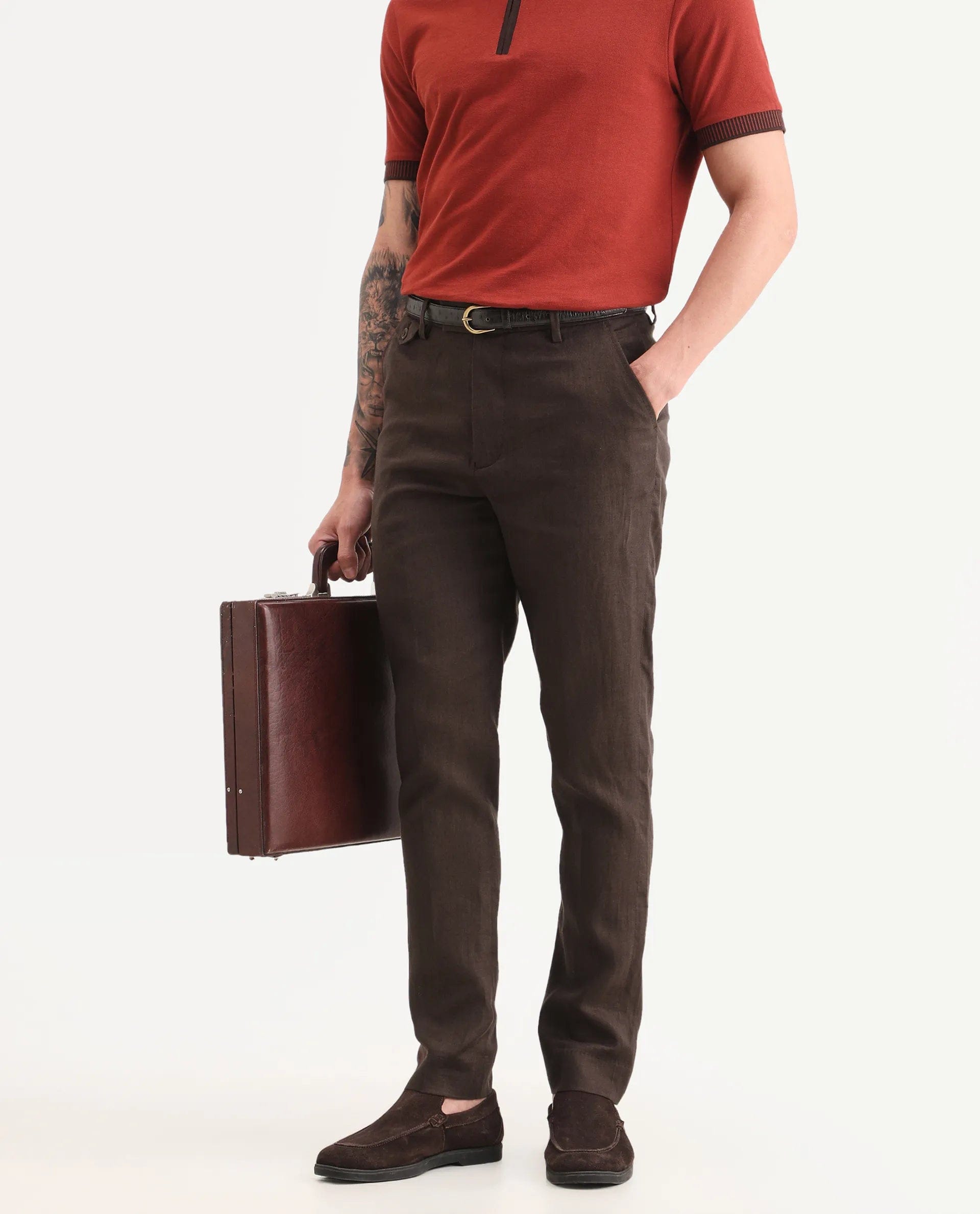 RARE Rabbit Men's Arcelo - Ss26 Dark Brown 100% Linen Fabric Regular Fit Plain Trouser