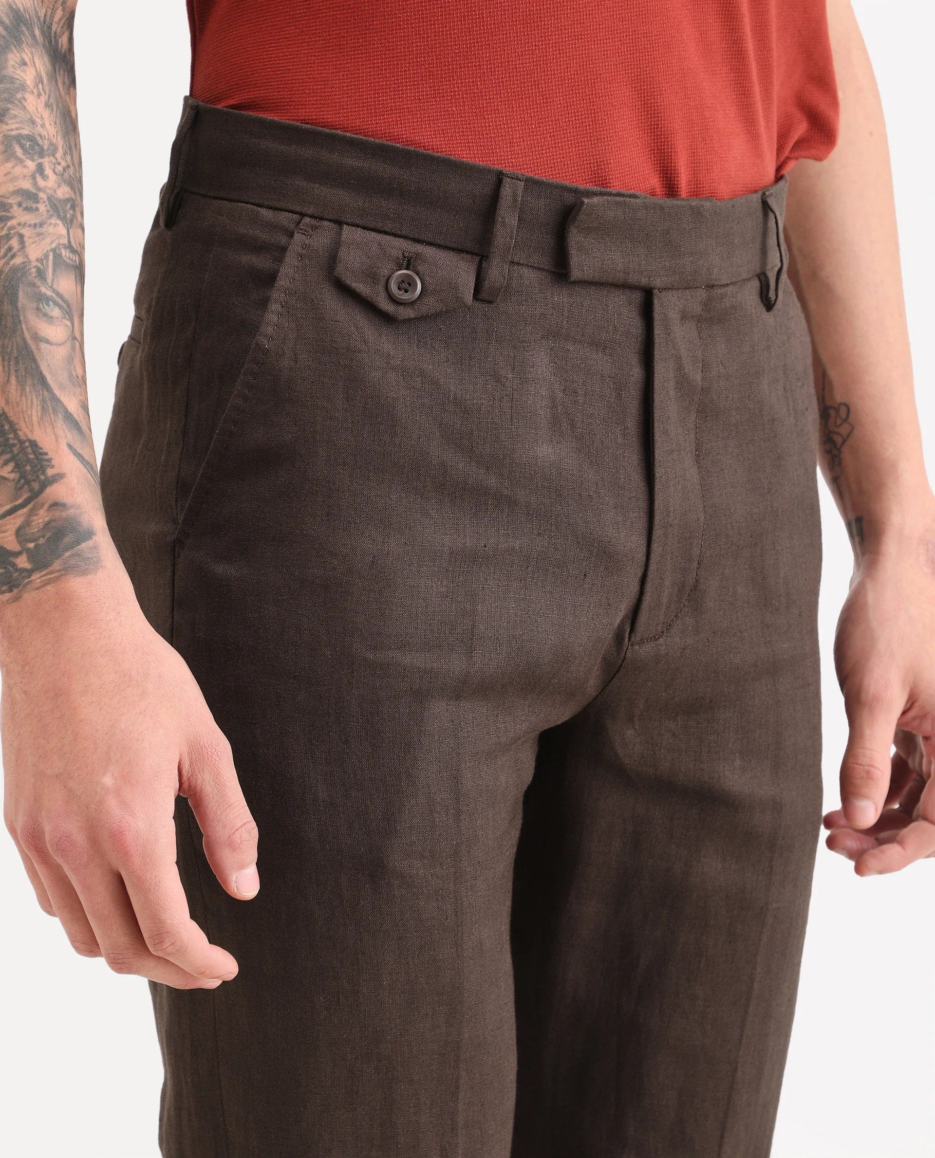 RARE Rabbit Men's Arcelo - Ss26 Dark Brown 100% Linen Fabric Regular Fit Plain Trouser
