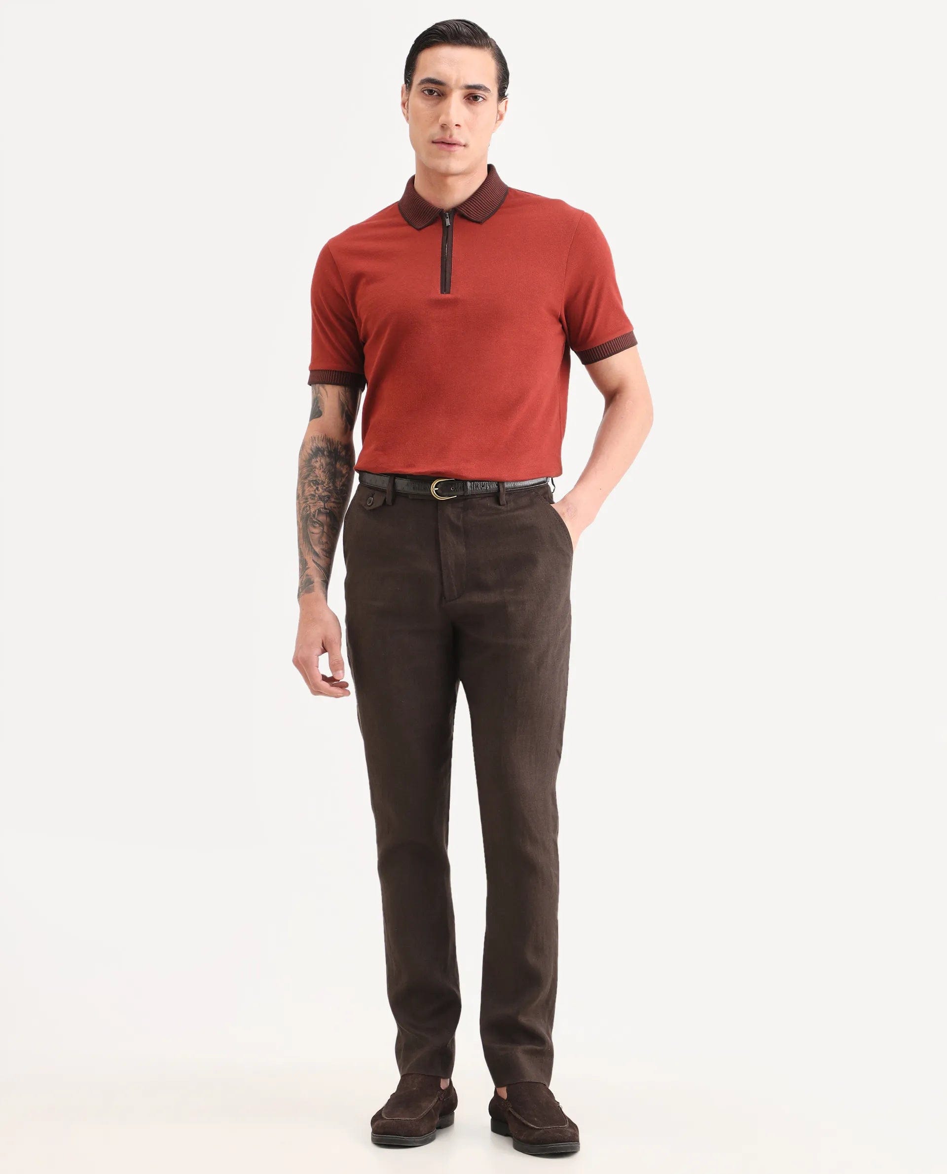 RARE Rabbit Men's Arcelo - Ss26 Dark Brown 100% Linen Fabric Regular Fit Plain Trouser