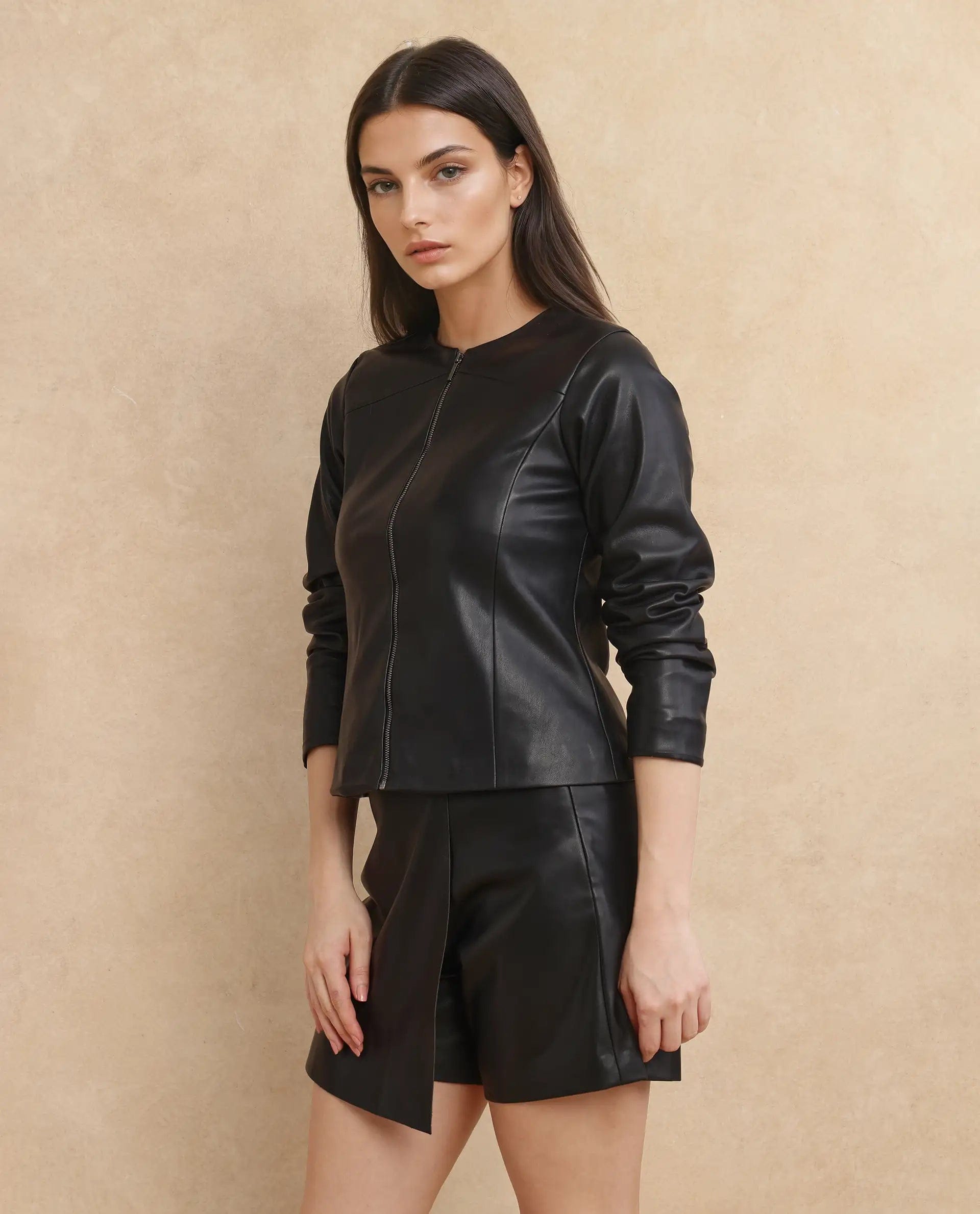Rareism Women's Liam Black Polyester Round Neck Plain Regular Fit Jacket