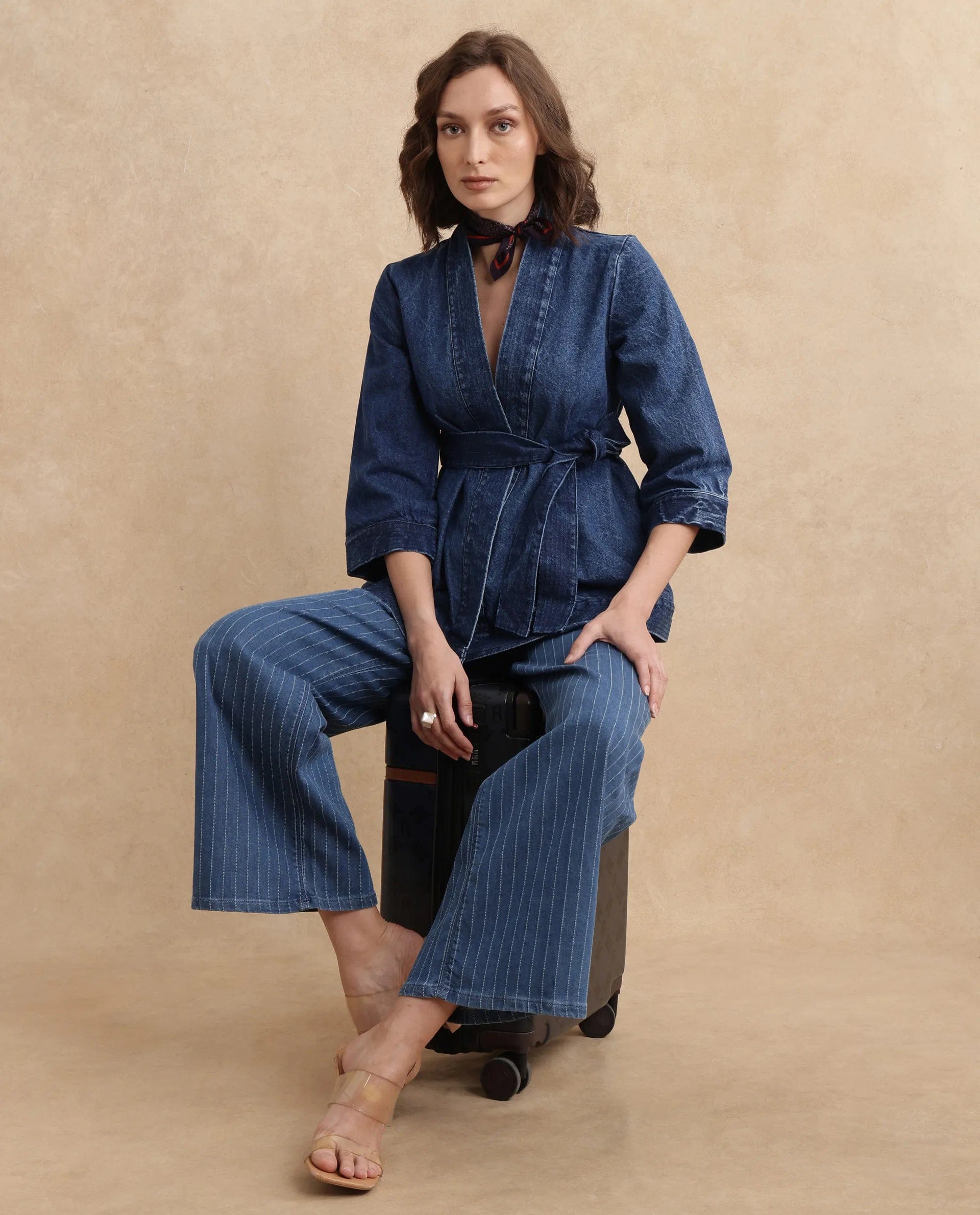 Rareism Women's Zezo Blue Cotton Wrap Neck Plain Regular Fit Jacket