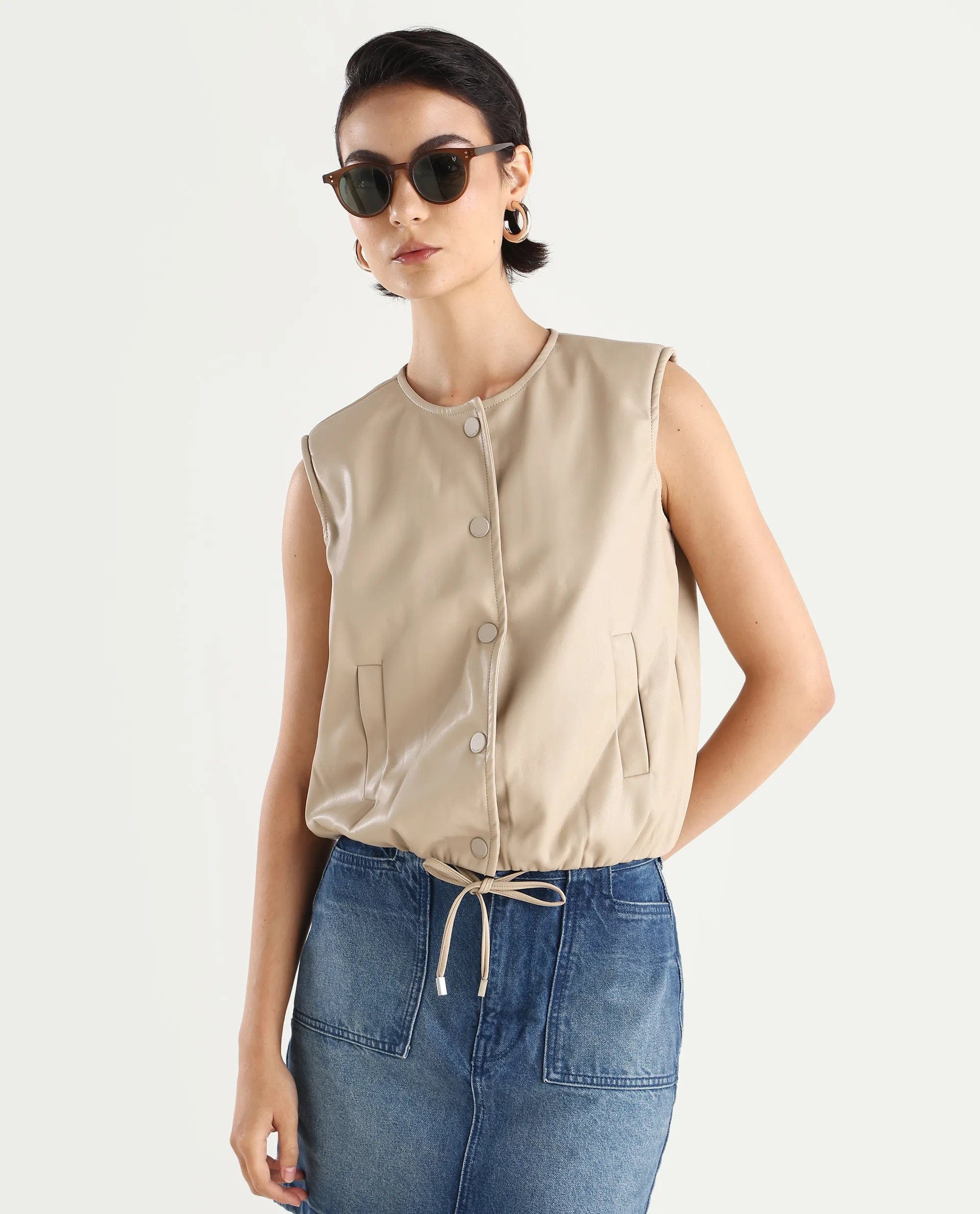 Rareism Women's Bojur - Light Brown Polyester Blend Round Neck Plain Sleeveless Boxy Fit Jacket