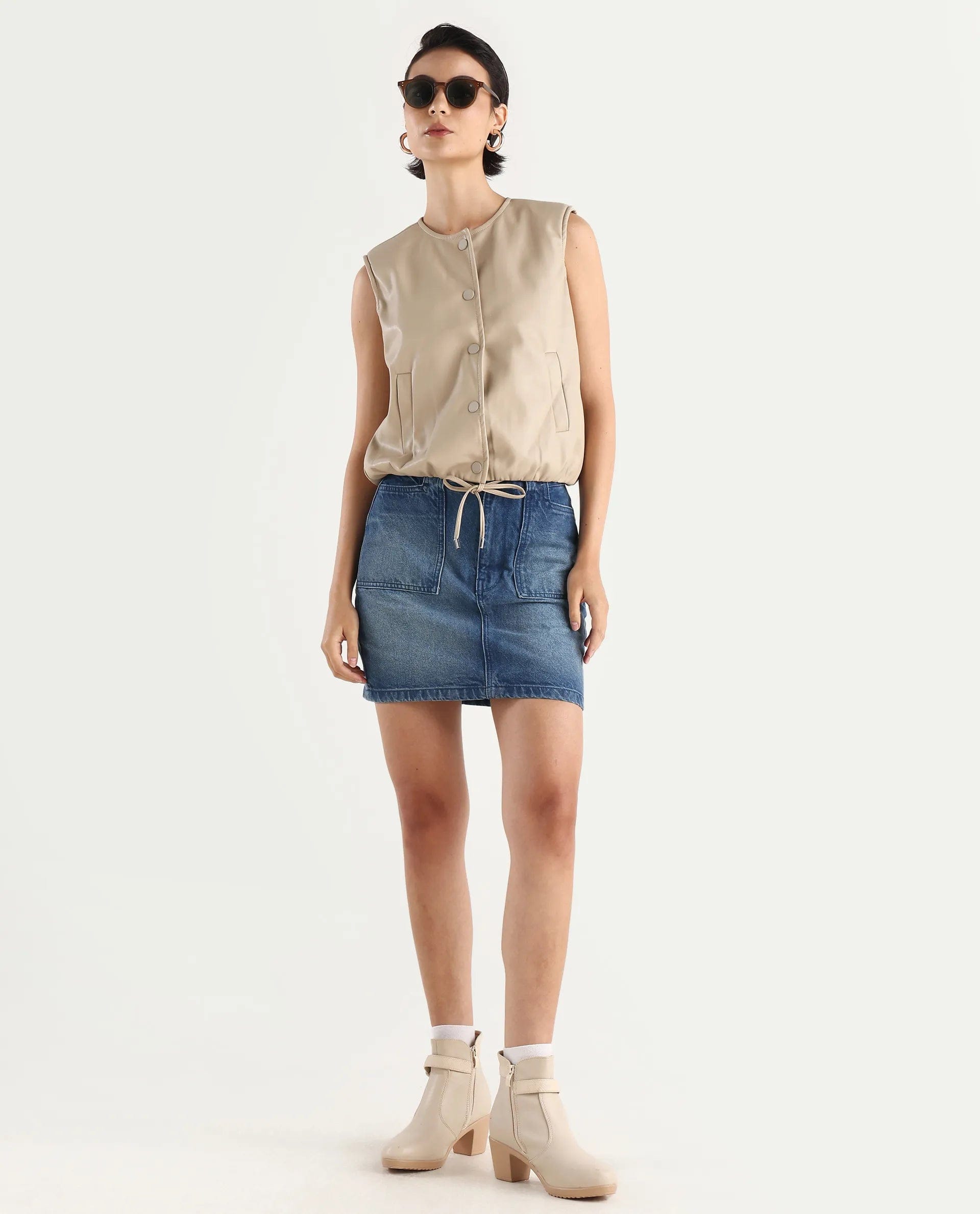Rareism Women's Bojur - Light Brown Polyester Blend Round Neck Plain Sleeveless Boxy Fit Jacket
