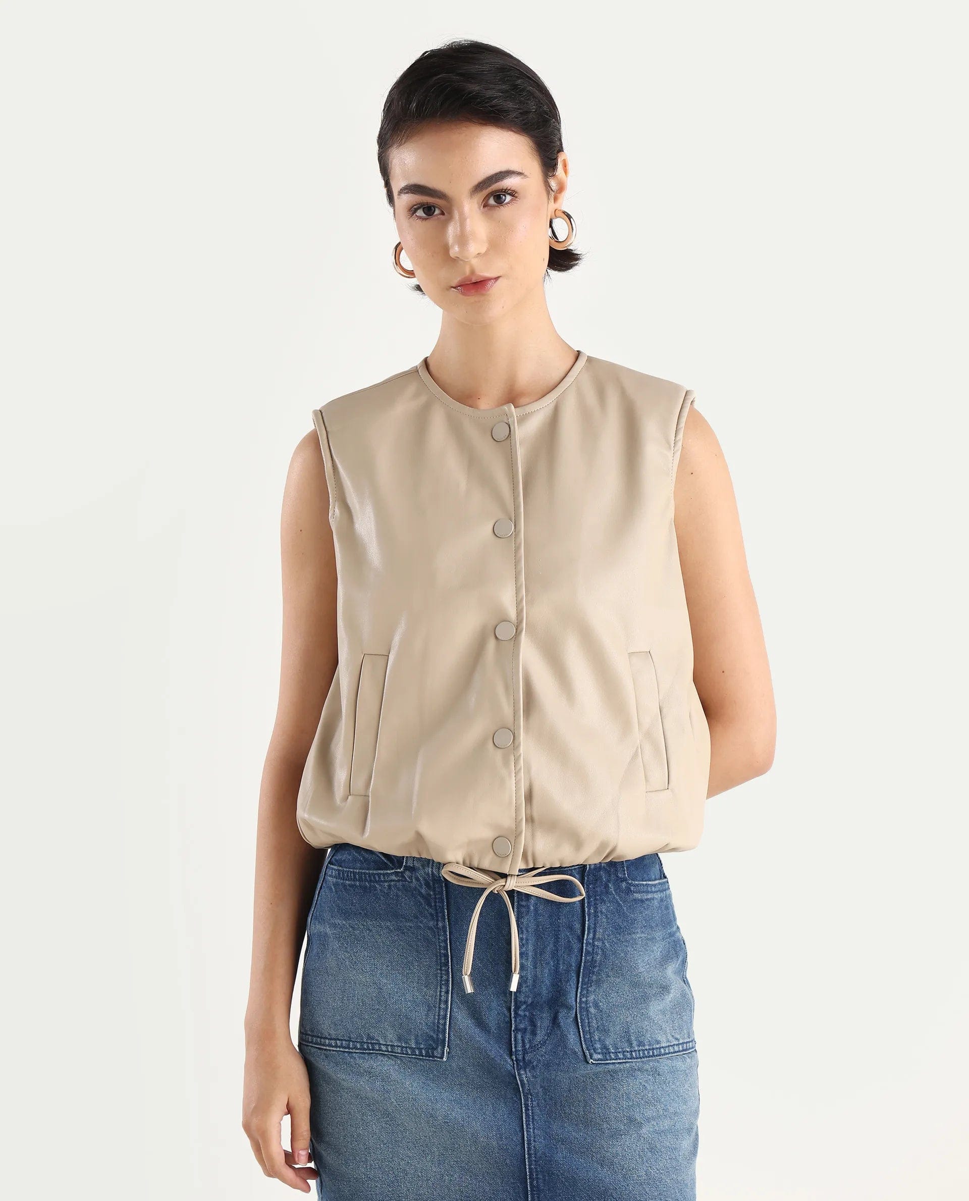 Rareism Women's Bojur - Light Brown Polyester Blend Round Neck Plain Sleeveless Boxy Fit Jacket