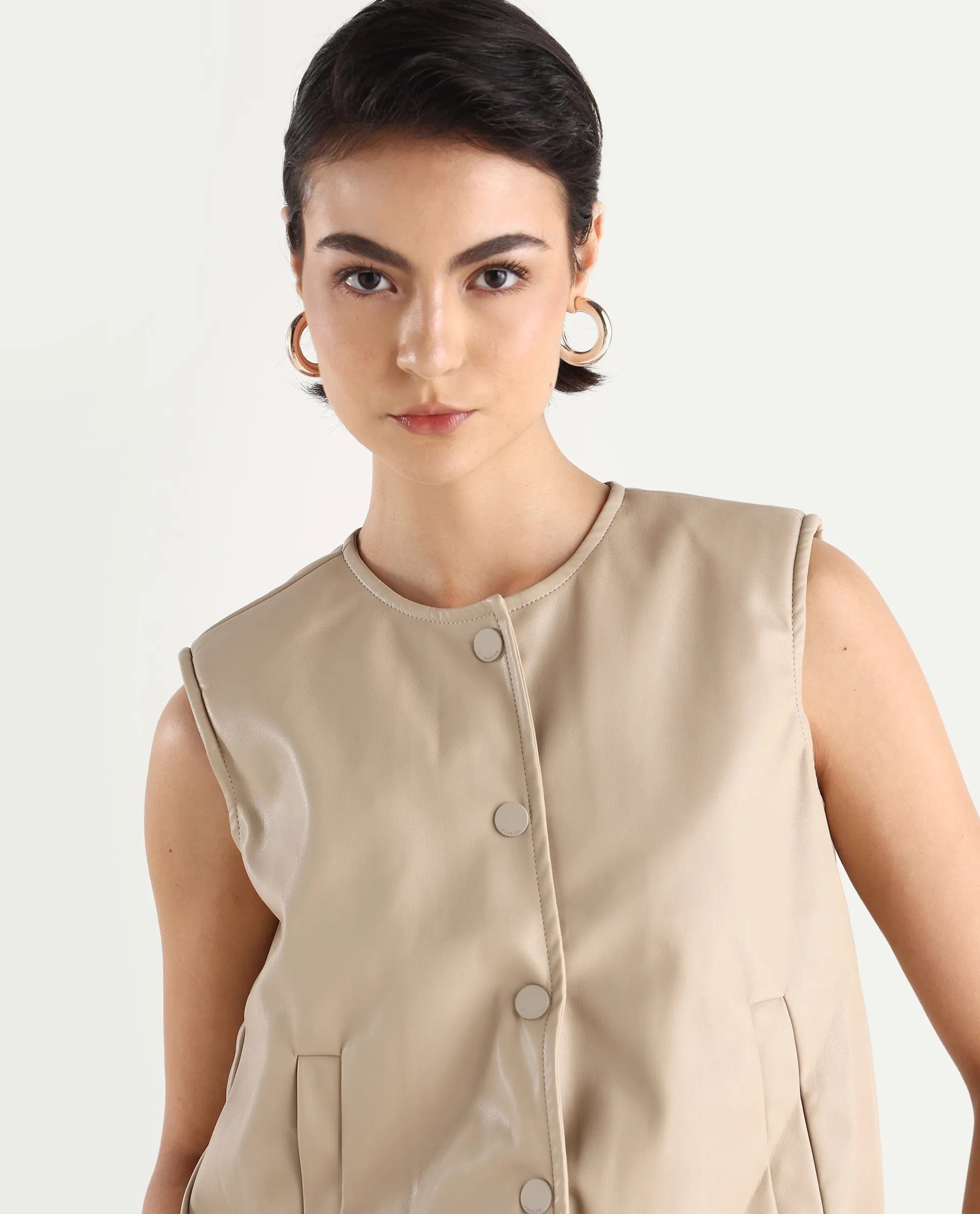 Rareism Women's Bojur - Light Brown Polyester Blend Round Neck Plain Sleeveless Boxy Fit Jacket