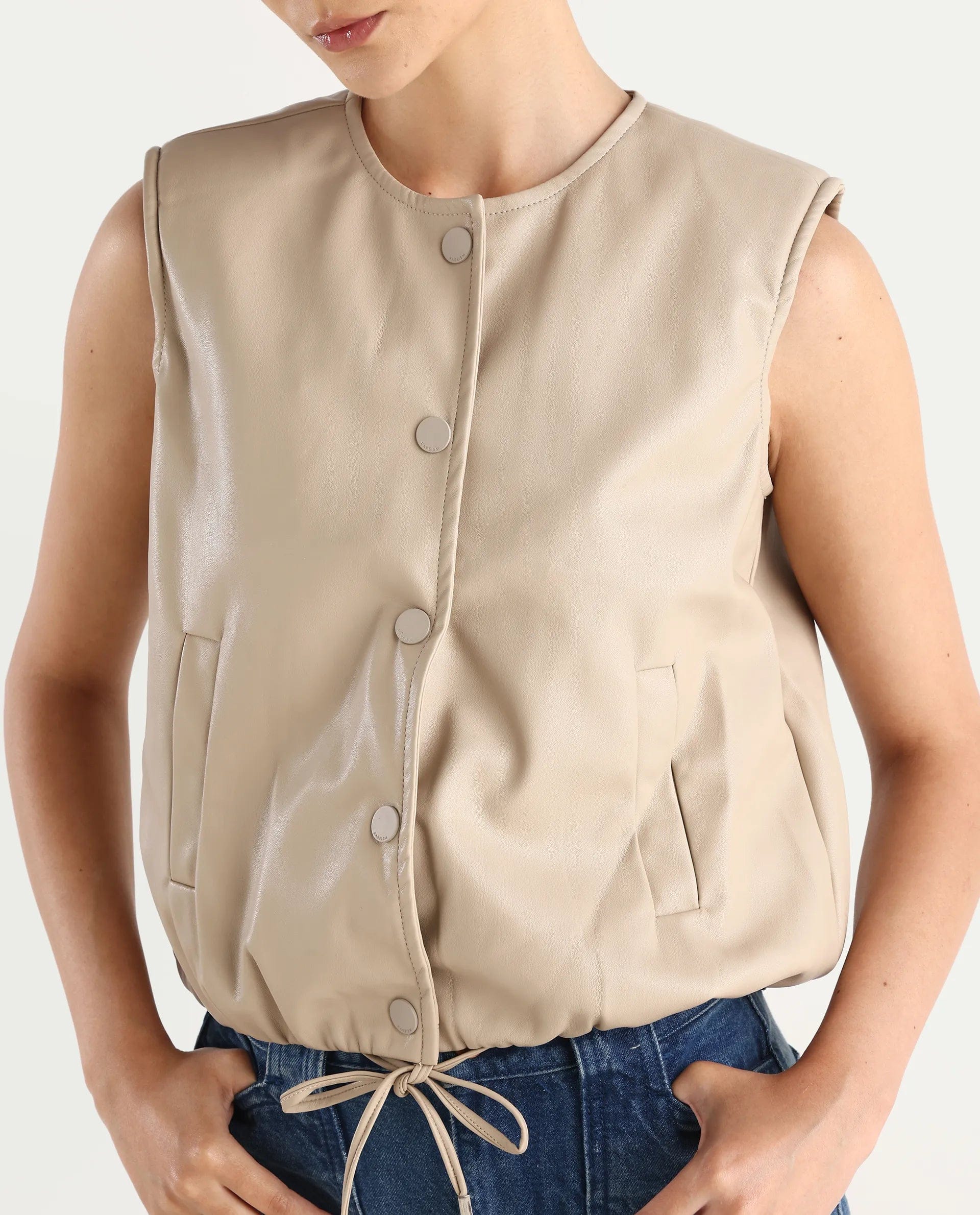 Rareism Women's Bojur - Light Brown Polyester Blend Round Neck Plain Sleeveless Boxy Fit Jacket