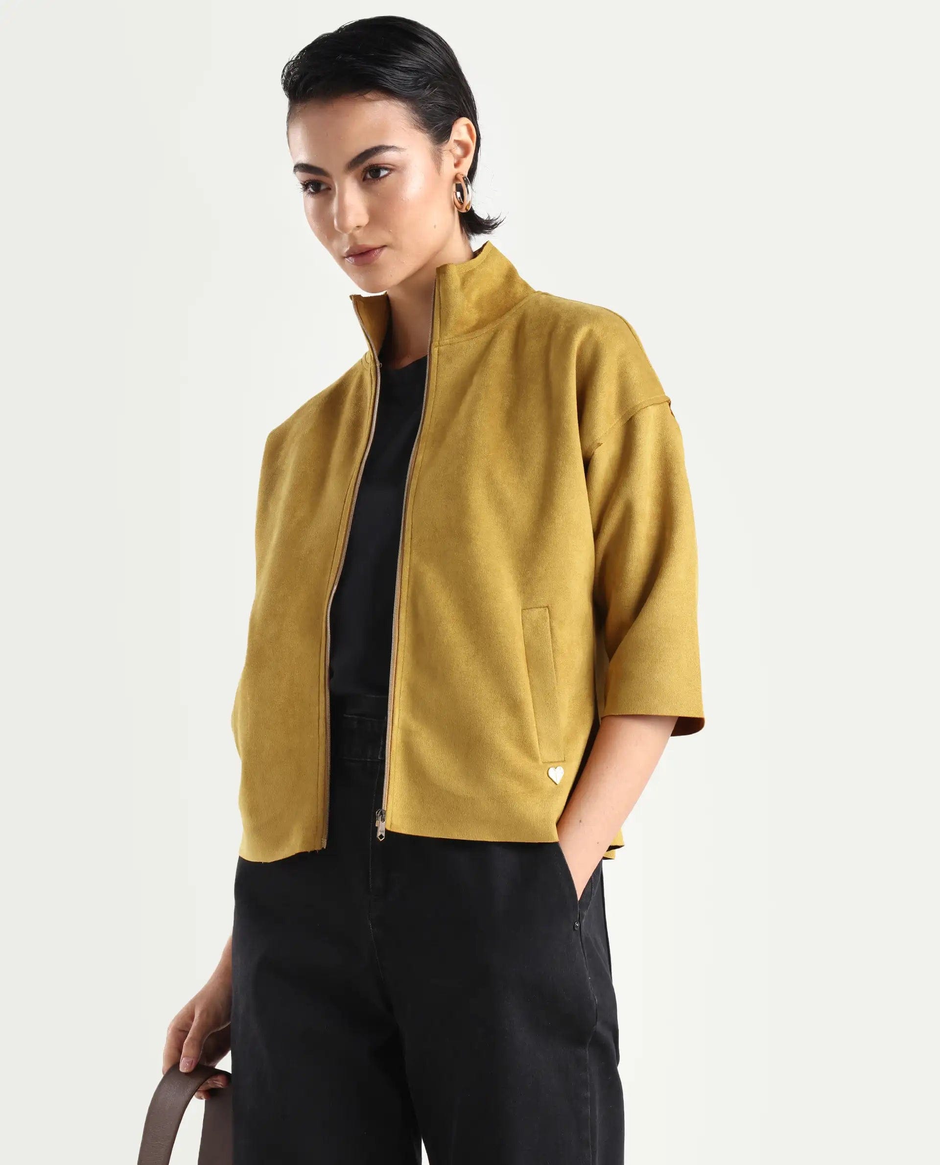 Rareism Women's Vasu 2 Mustard Polyester Blend Stand Collar Plain Boxy Fit Jacket