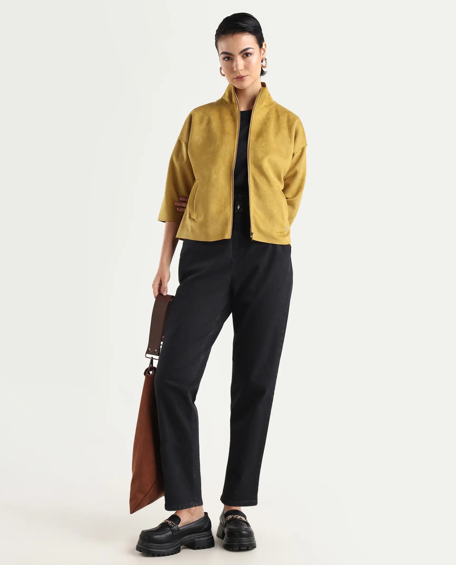 Rareism Women's Vasu 2 Mustard Polyester Blend Stand Collar Plain Boxy Fit Jacket