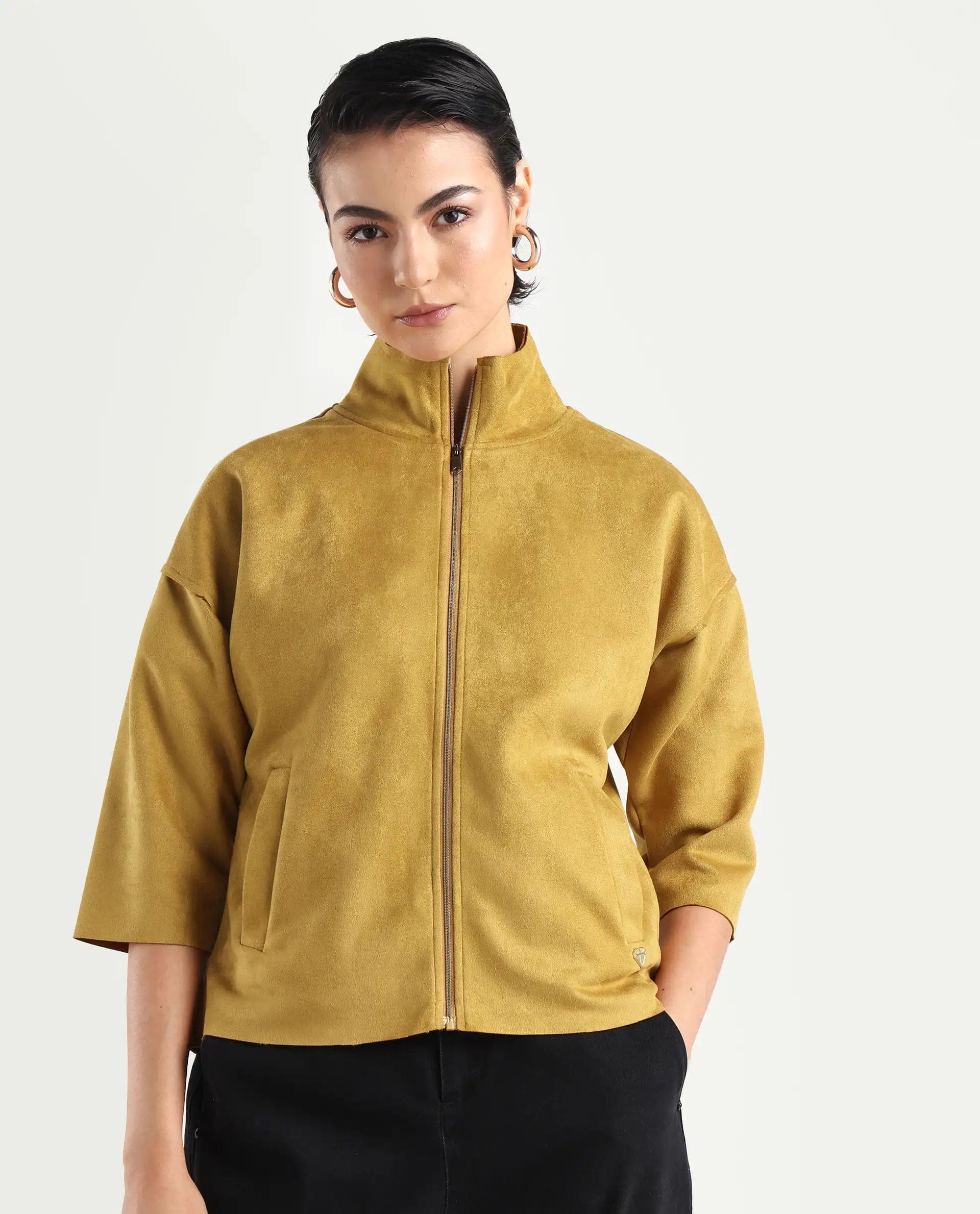 Rareism Women's Vasu 2 Mustard Polyester Blend Stand Collar Plain Boxy Fit Jacket