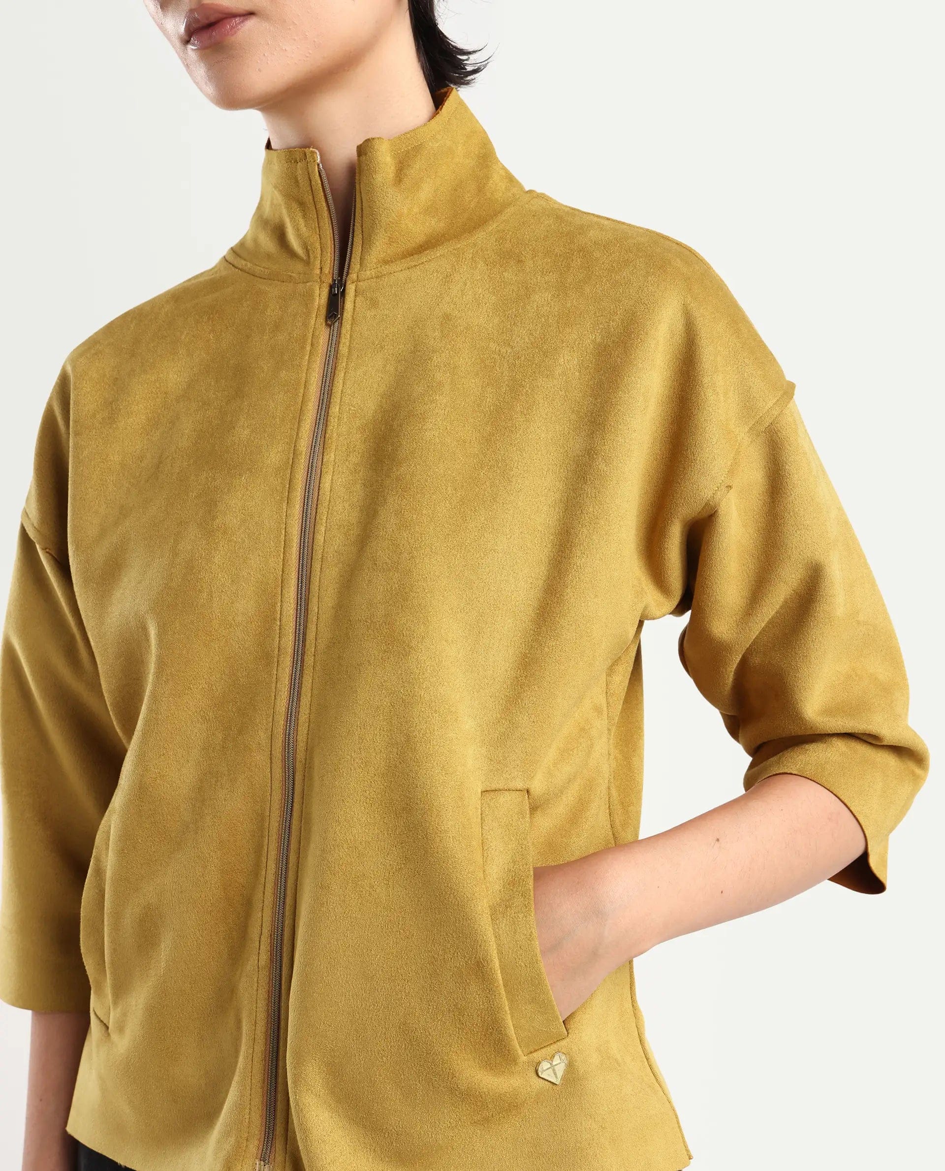 Rareism Women's Vasu 2 Mustard Polyester Blend Stand Collar Plain Boxy Fit Jacket