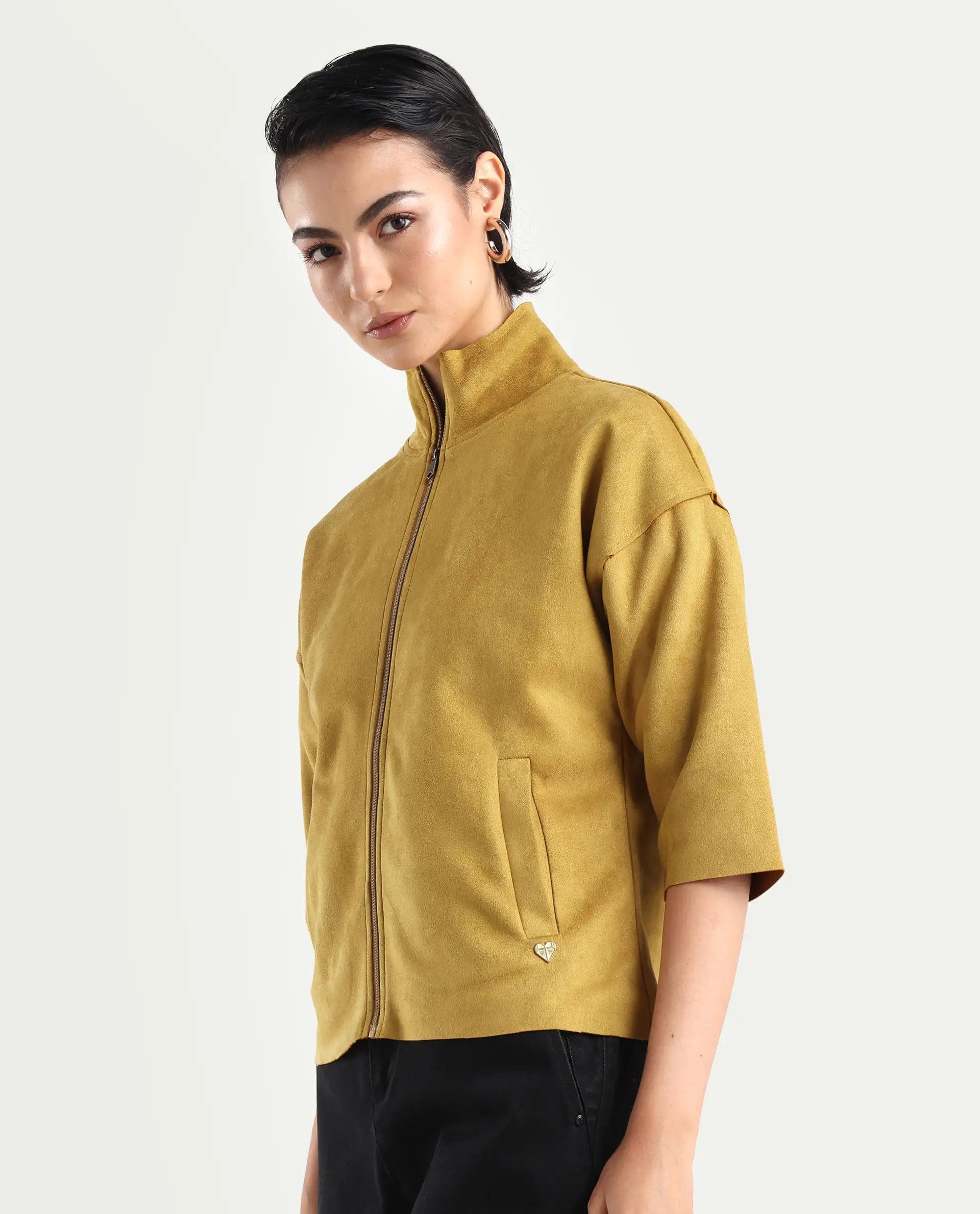 Rareism Women's Vasu 2 Mustard Polyester Blend Stand Collar Plain Boxy Fit Jacket