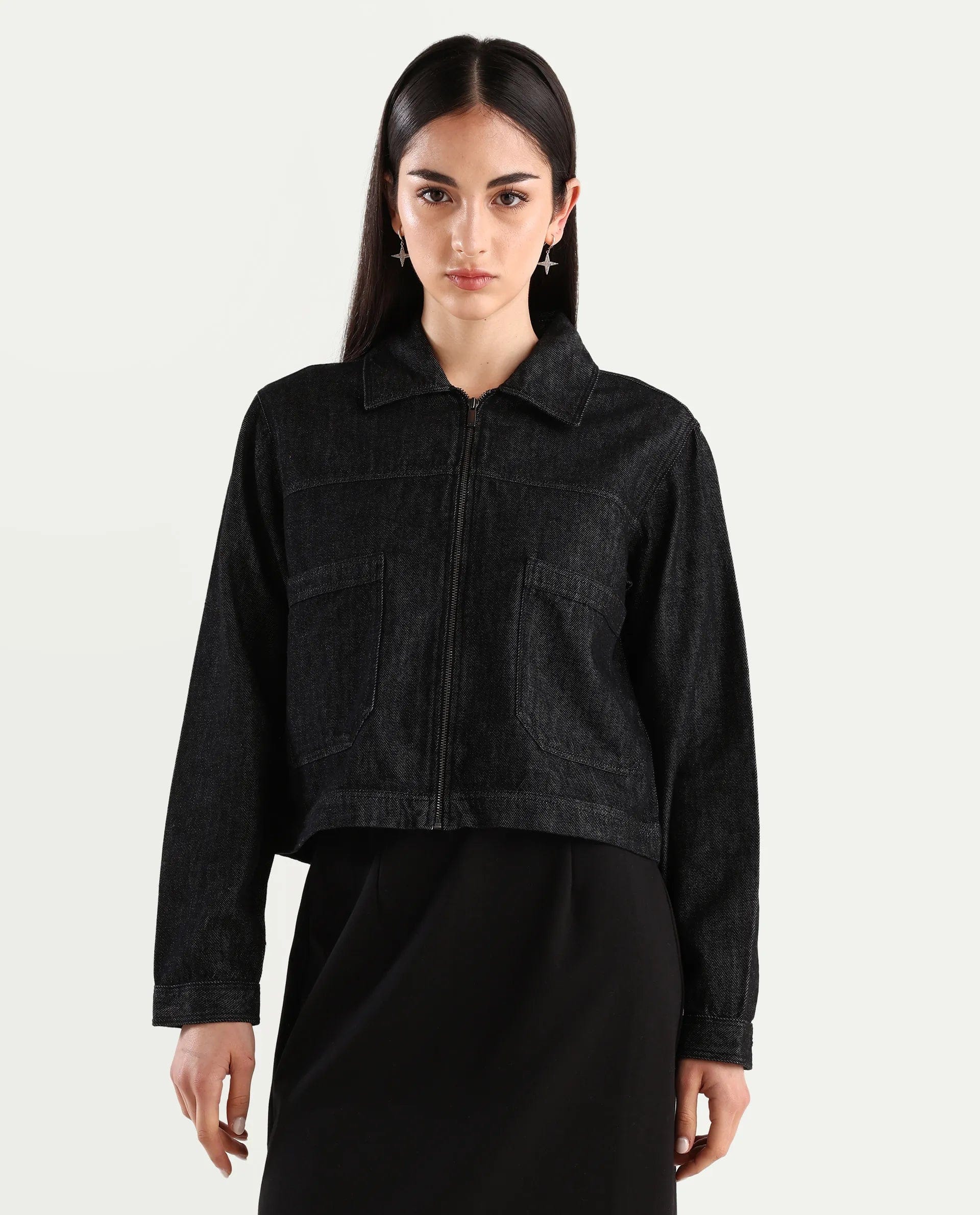 Rareism Women's Allin Black Cotton Drop Collar Plain Cuffed Sleeve Regular Fit Jacket