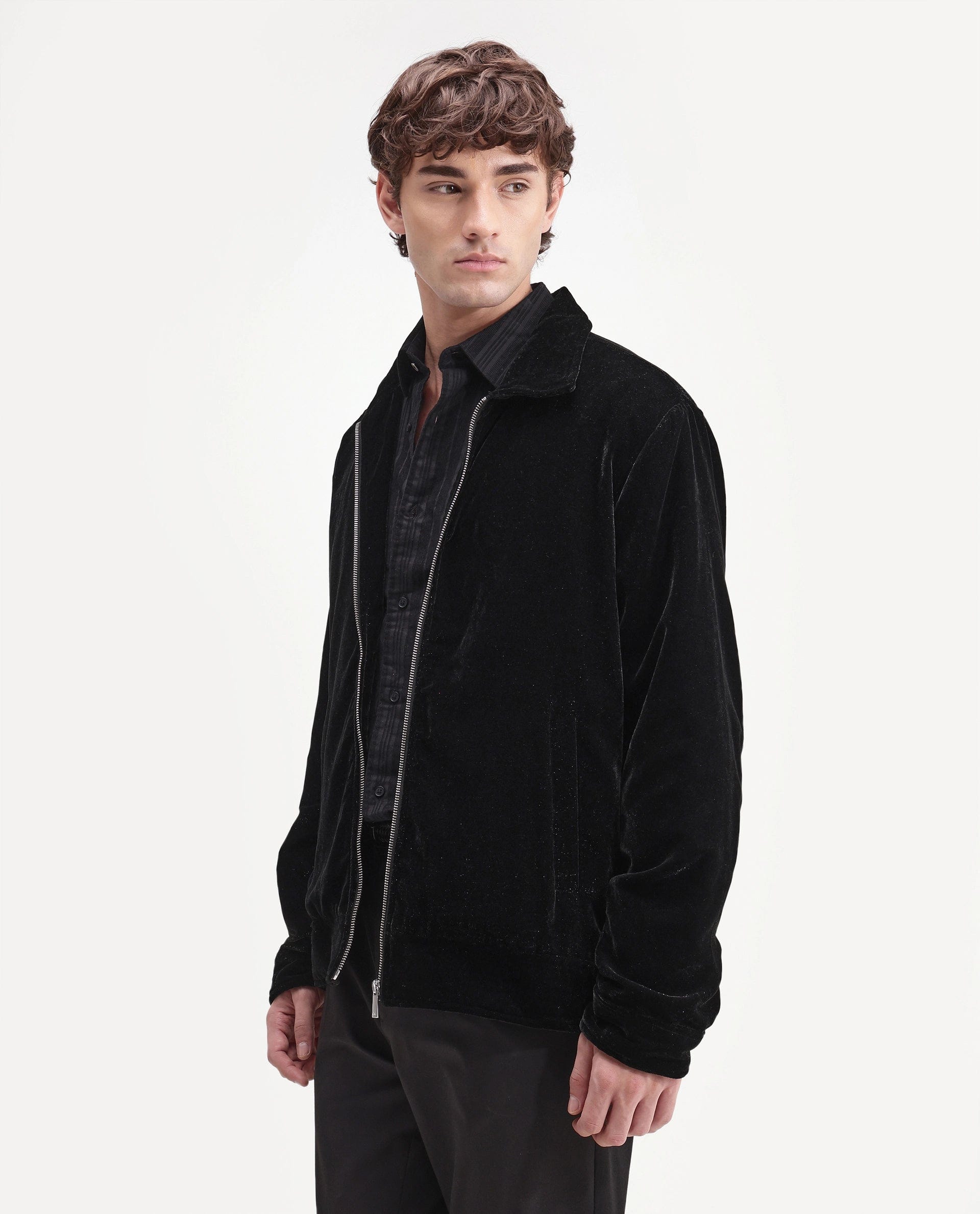RARE Rabbit Men's Velto Black Polyester Fabric Collared Neck Regular Fit Plain Jacket
