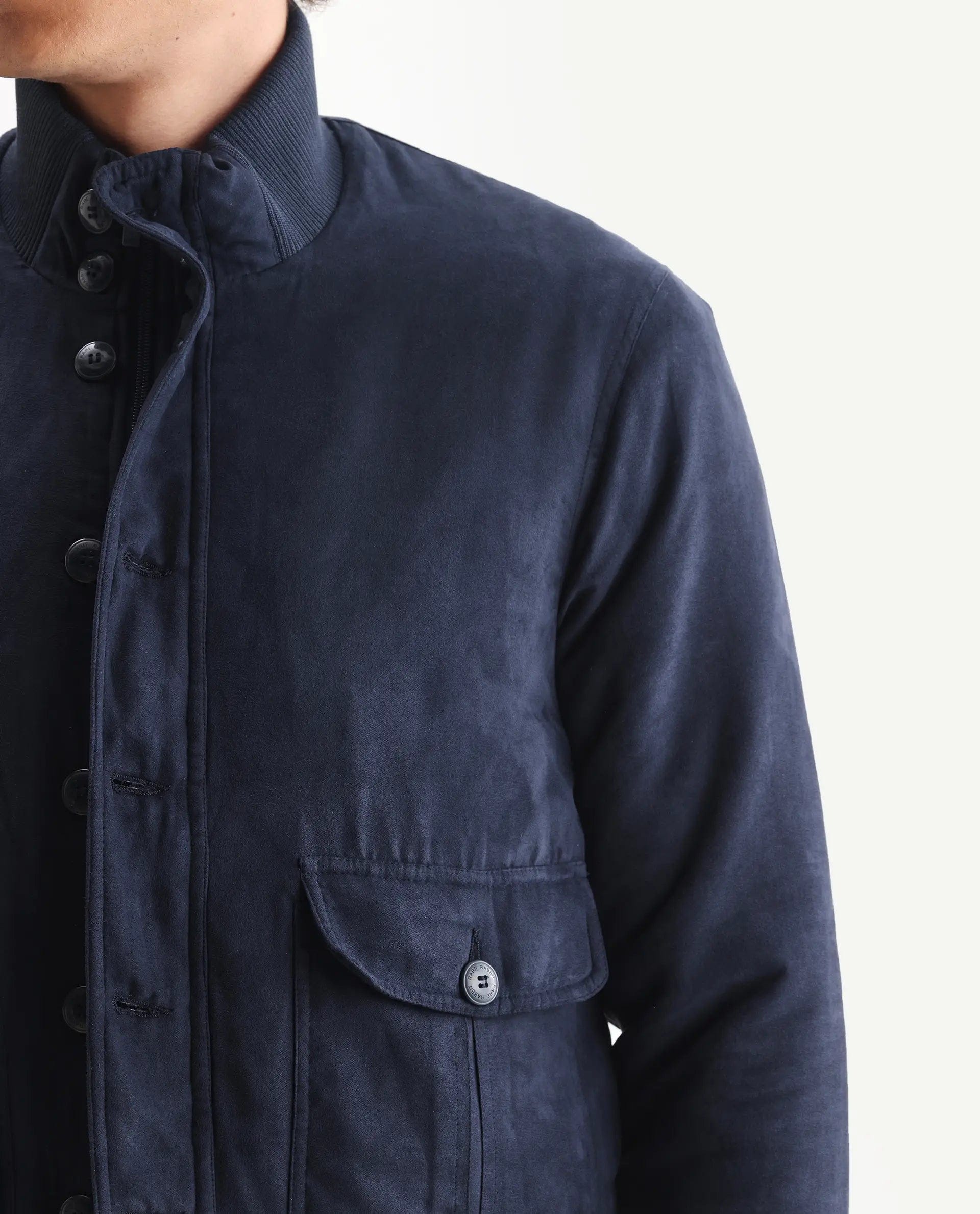 RARE Rabbit Men's Deue Navy Polyester Plain Regular Fit Full Sleeve Ribbed Collar Jacket