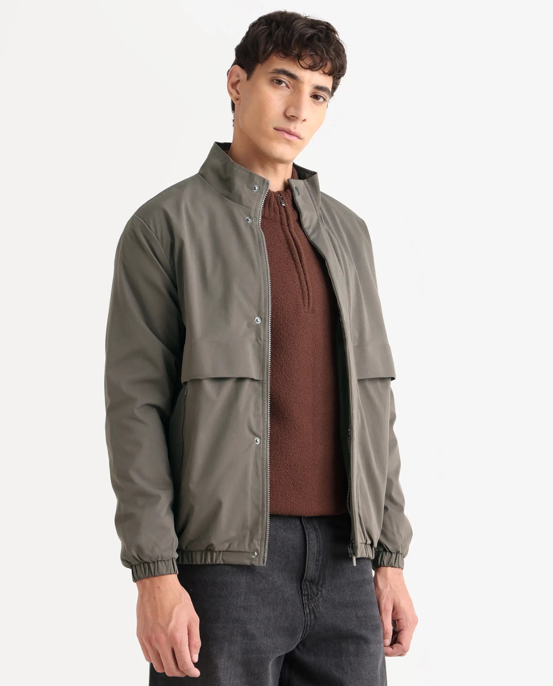 RARE Rabbit Men's Tim Grey Polyester Fabric High Neck Regular Fit Plain Jacket