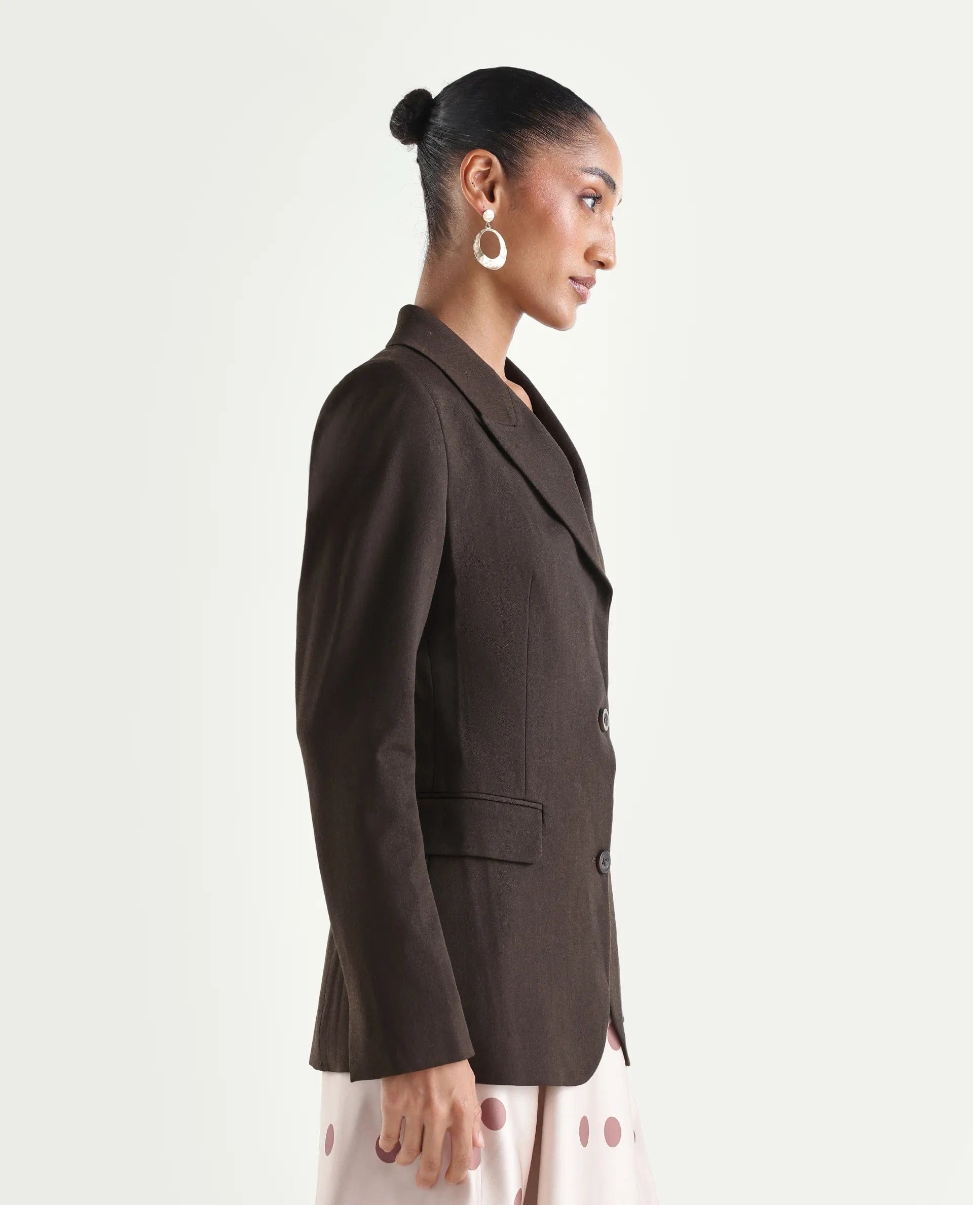 Rareism Women's Reca Dark Brown Polyester Blend Fabric Full Sleeve Lapel Collar Plain Blazer