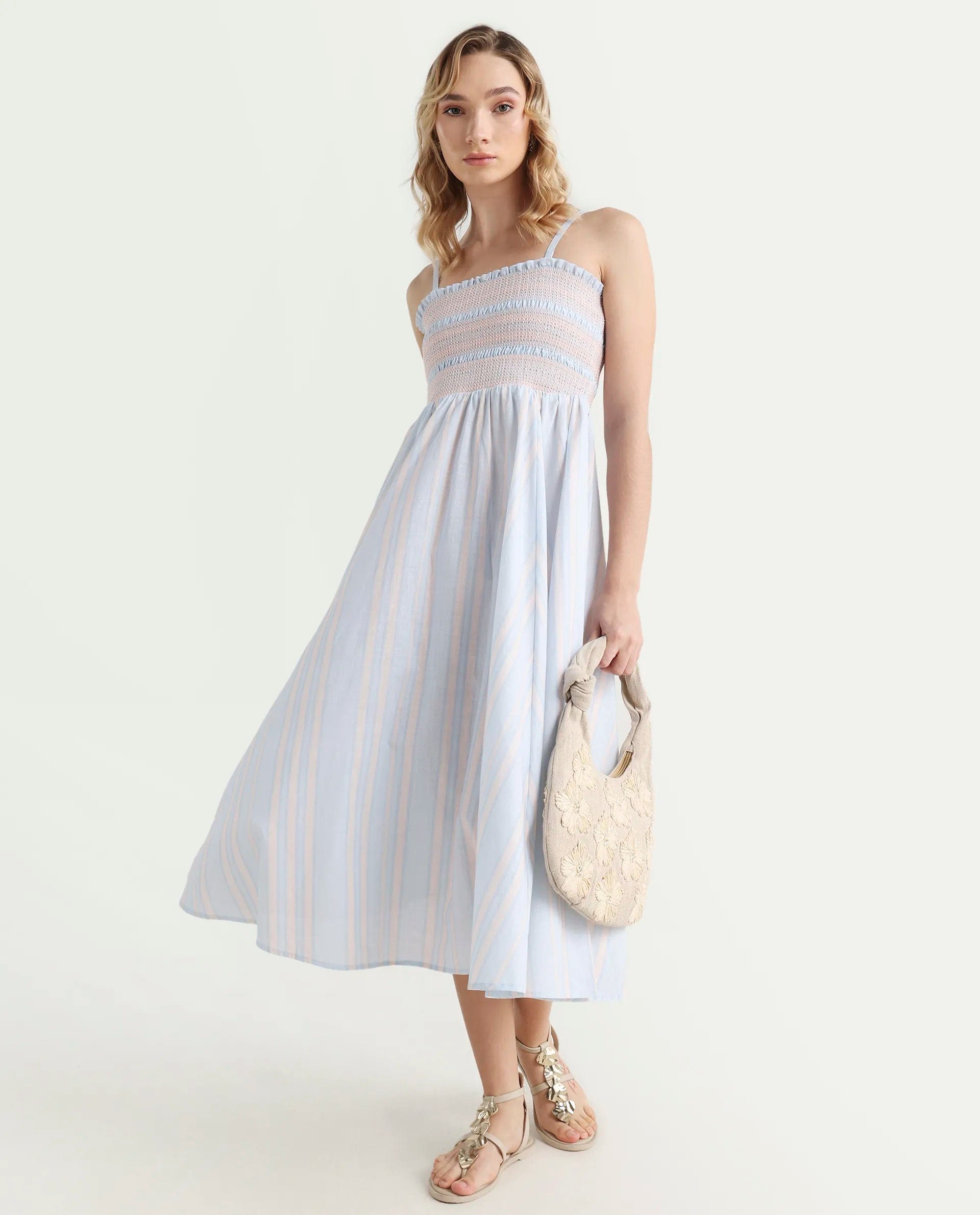 Rareism Women Jenvem Blue Tie - Up Neck Tie Up Closure Relaxed Fit Midi Printed Dress