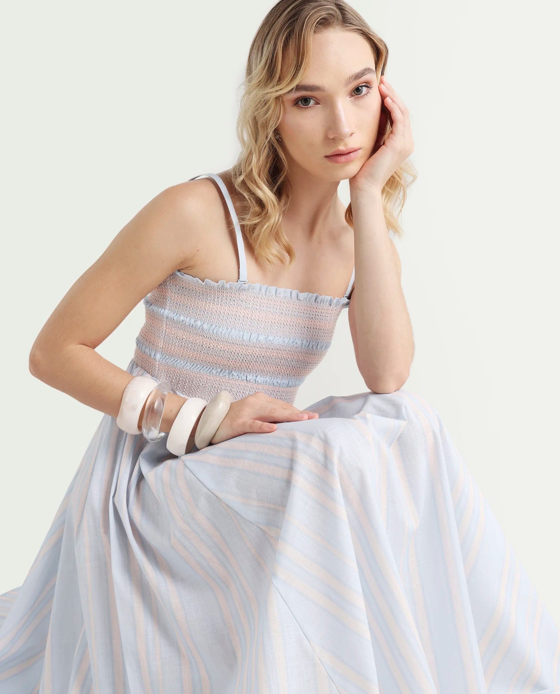 Rareism Women Jenvem Blue Tie - Up Neck Tie Up Closure Relaxed Fit Midi Printed Dress