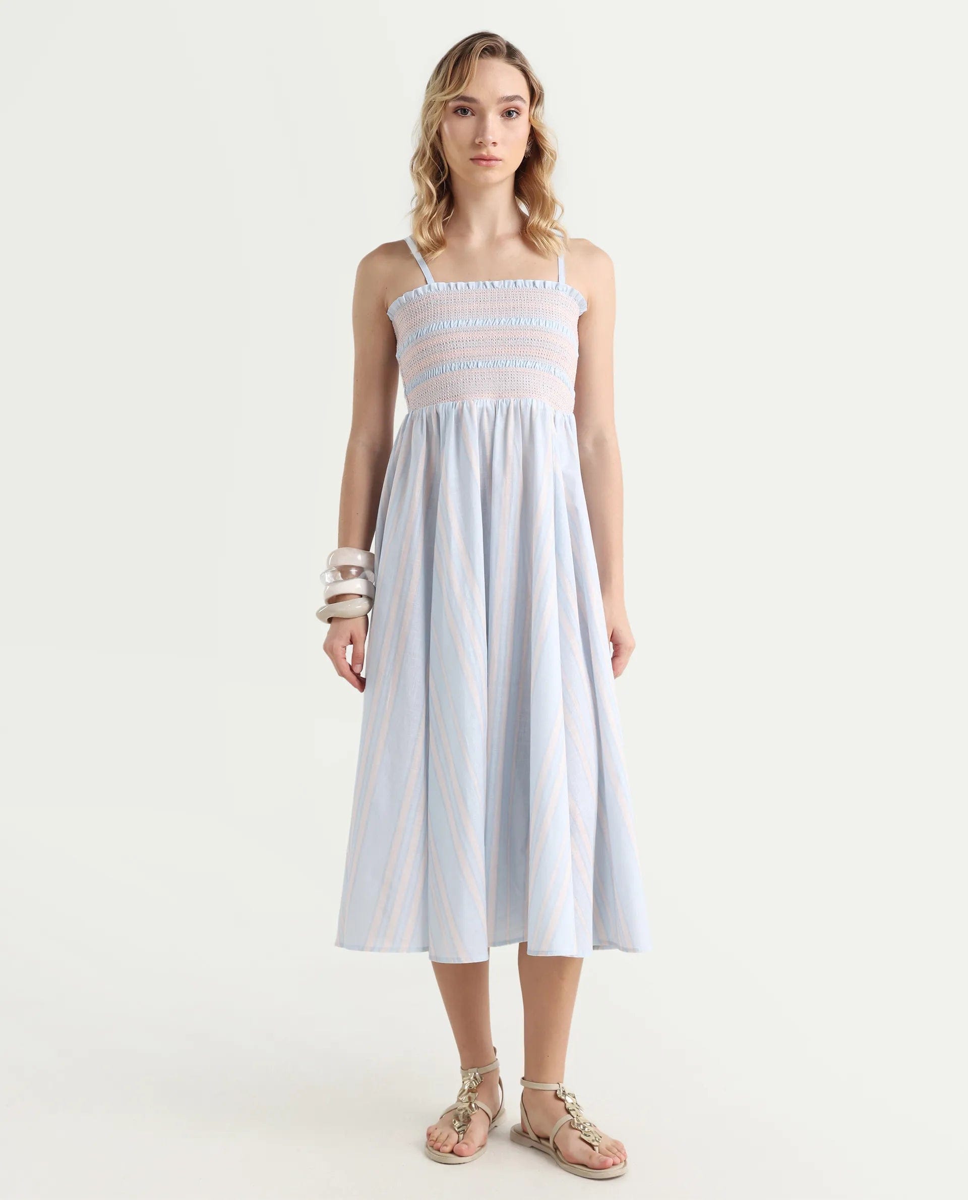 Rareism Women Jenvem Blue Tie - Up Neck Tie Up Closure Relaxed Fit Midi Printed Dress