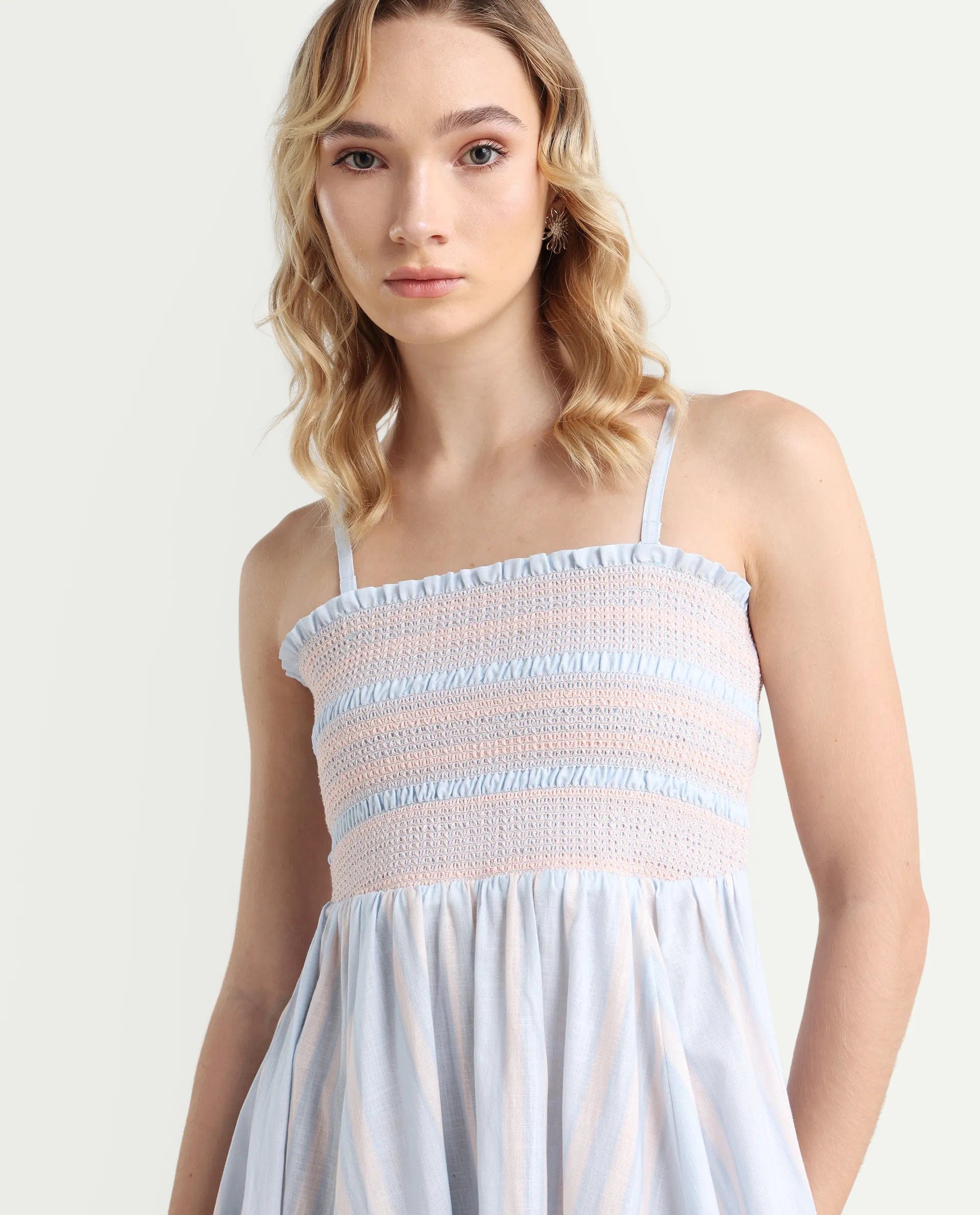 Rareism Women Jenvem Blue Tie - Up Neck Tie Up Closure Relaxed Fit Midi Printed Dress