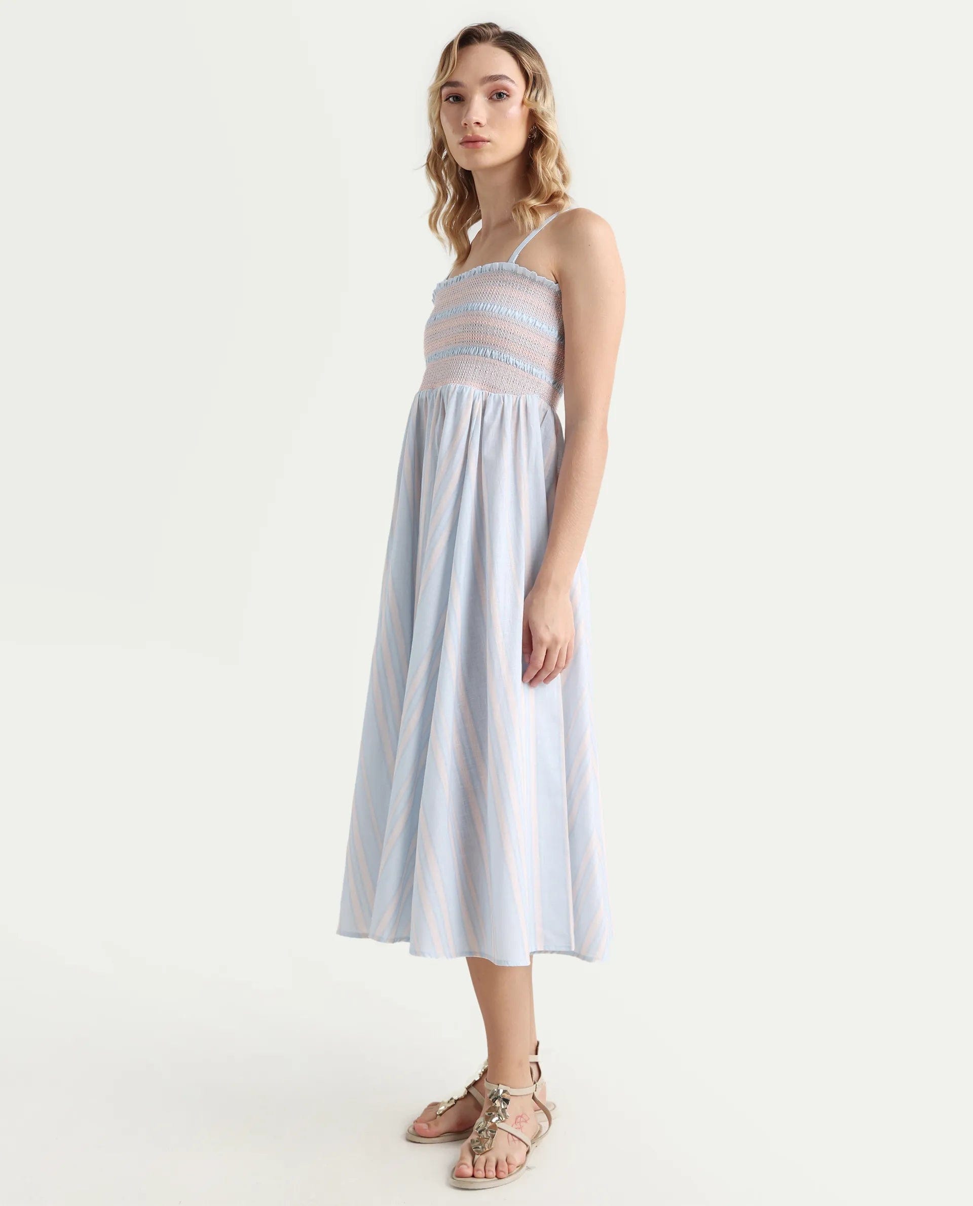 Rareism Women Jenvem Blue Tie - Up Neck Tie Up Closure Relaxed Fit Midi Printed Dress
