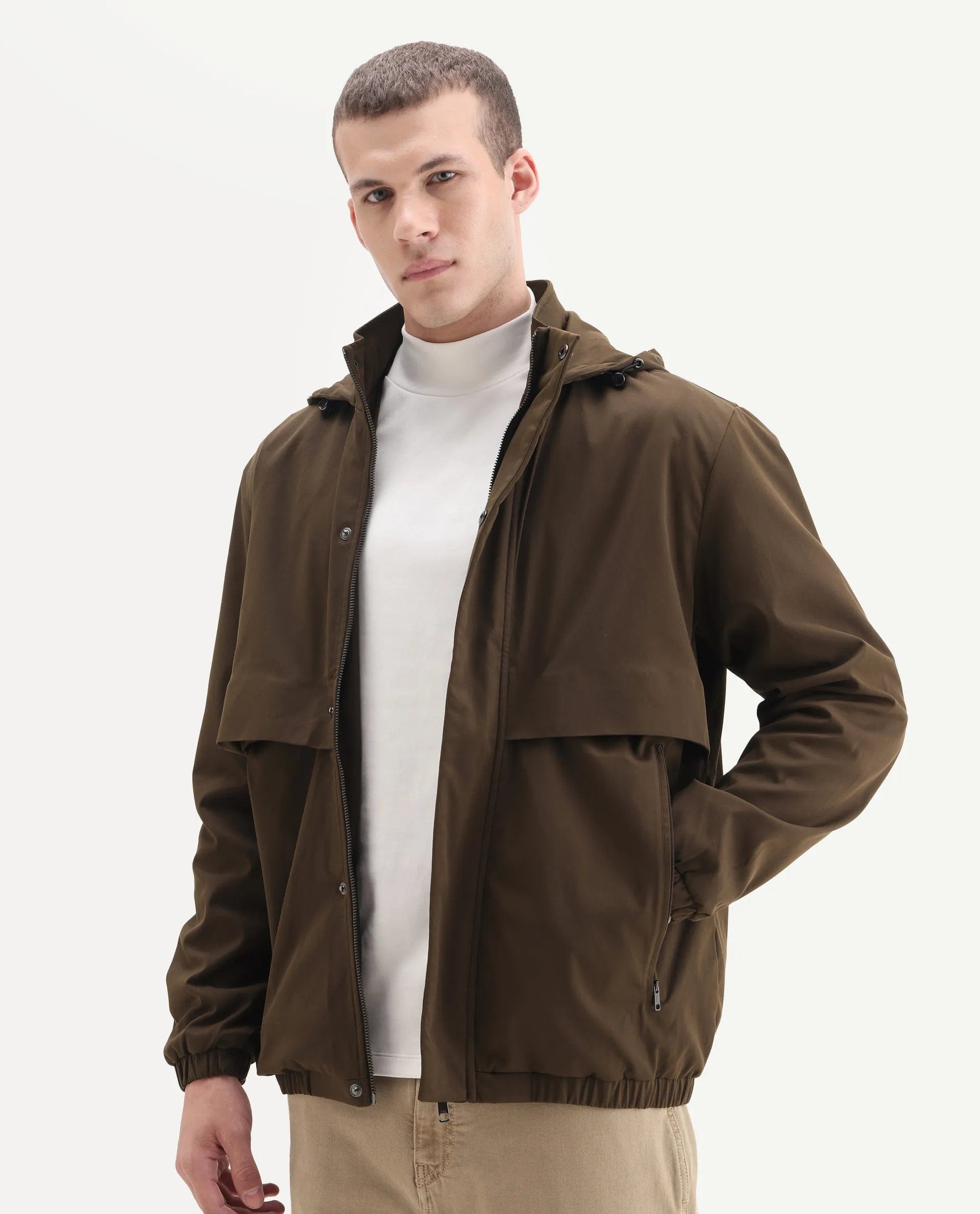 RARE Rabbit Men's Timmins Brown Polyester Fabric Hooded Neck Relaxed Plain Jacket