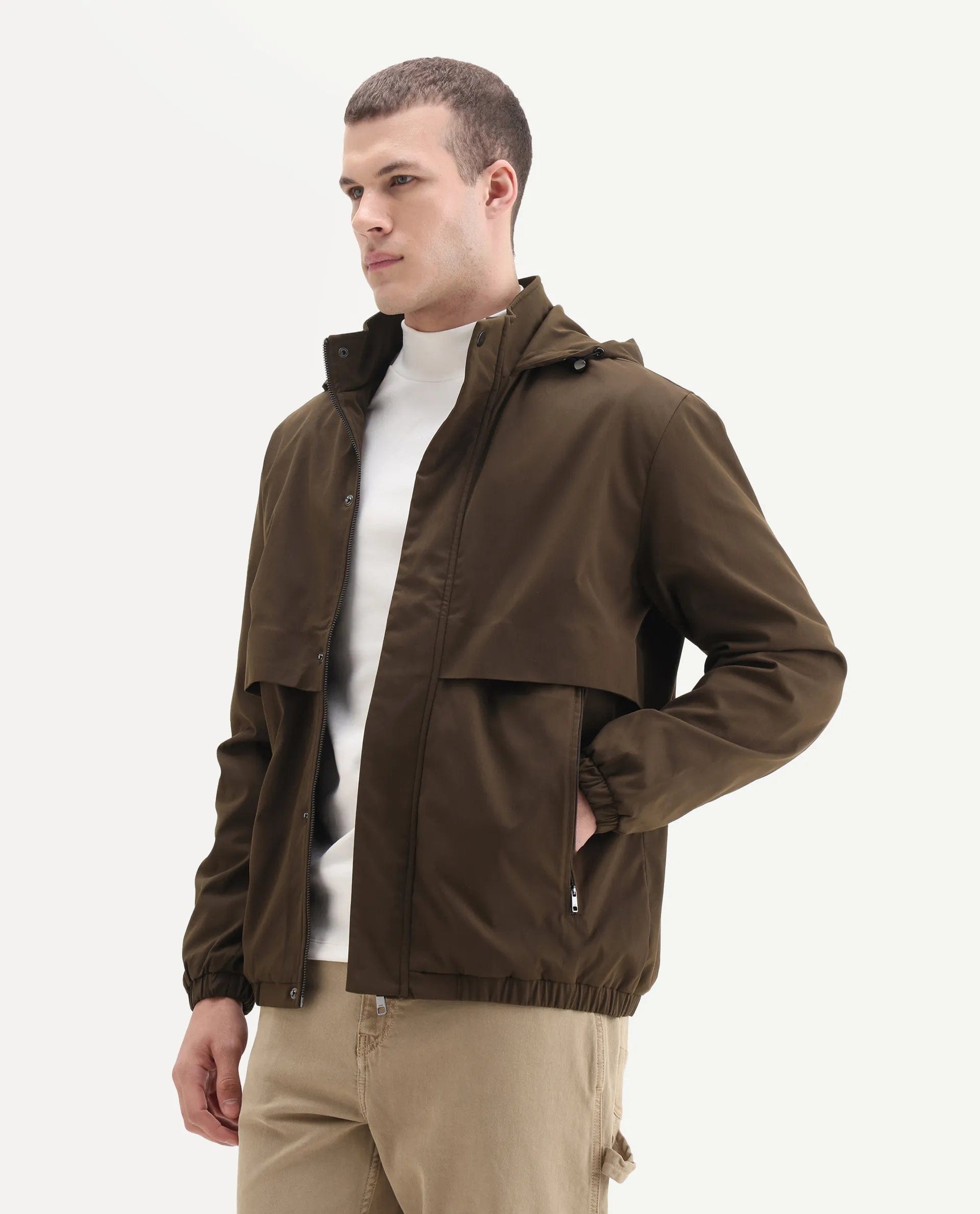 RARE Rabbit Men's Timmins Brown Polyester Fabric Hooded Neck Relaxed Plain Jacket