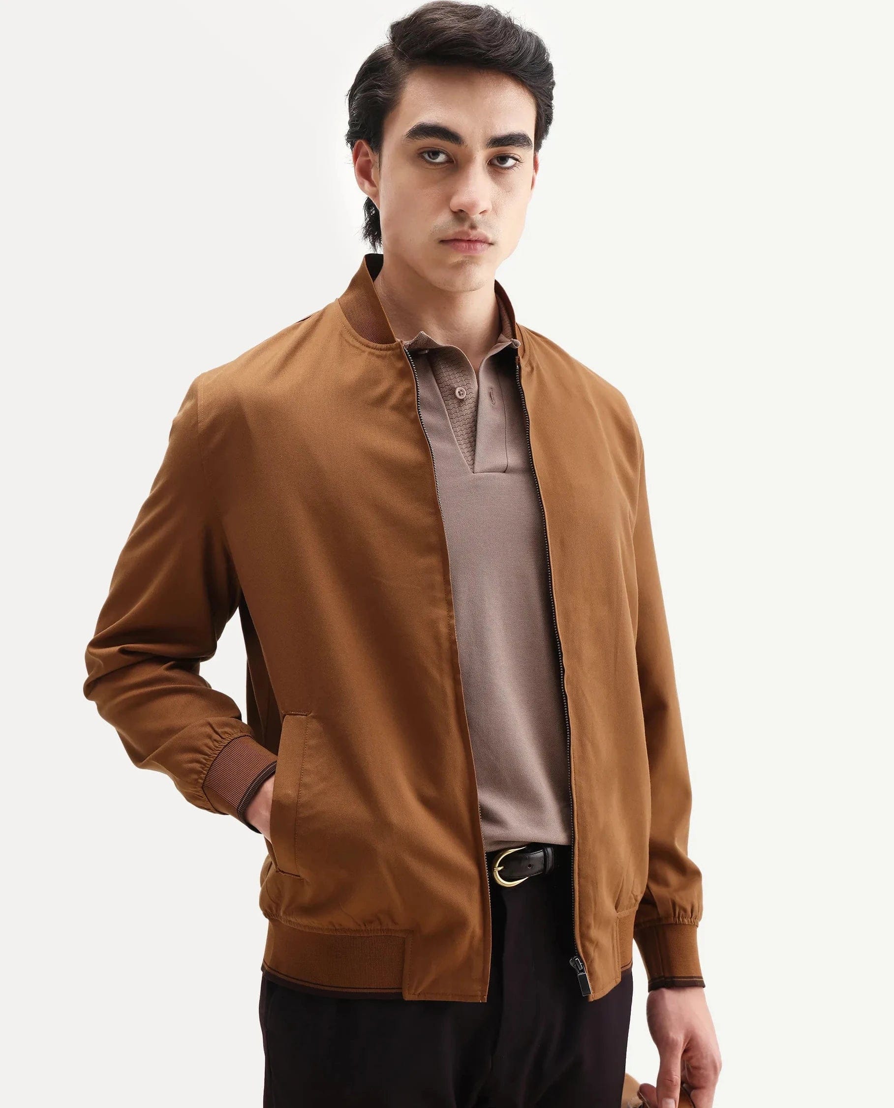 RARE Rabbit Men's Bomto Light Brown Polyester Blend Fabric High Neck Relaxed Plain Jacket