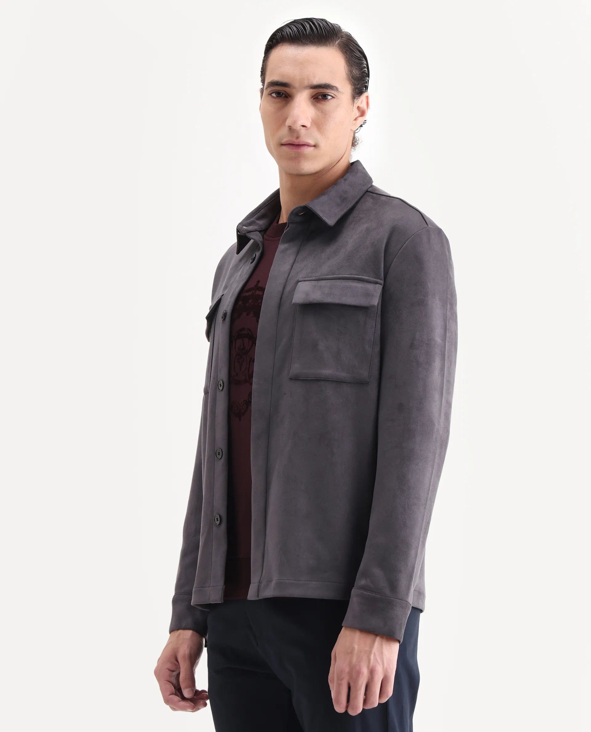 RARE Rabbit Men's Delk - 25 Grey Polyester Blend Fabric Collared Neck Relaxed Plain Jacket
