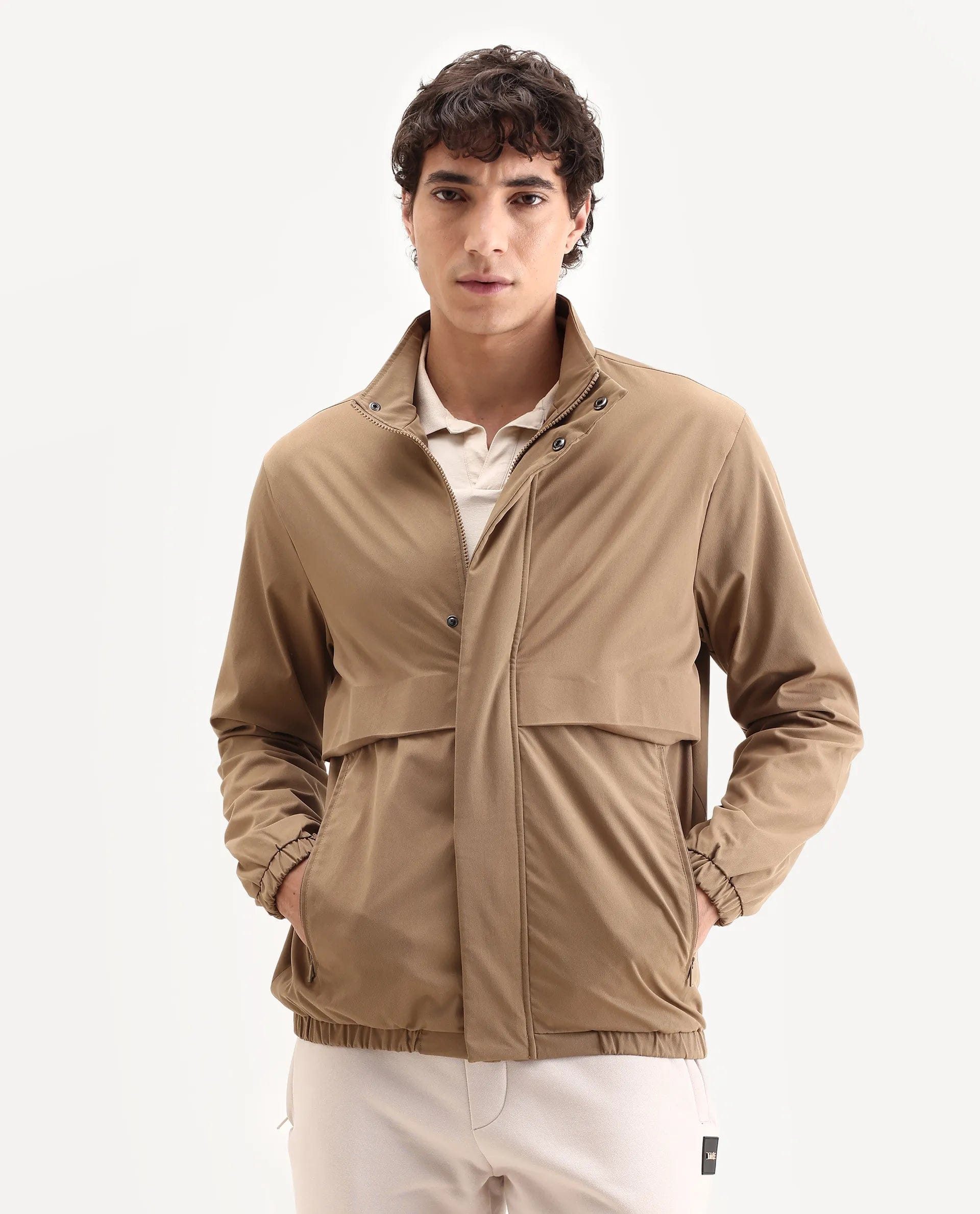 RARE Rabbit Men's Tim Beige Polyester Fabric High Neck Regular Fit Plain Jacket