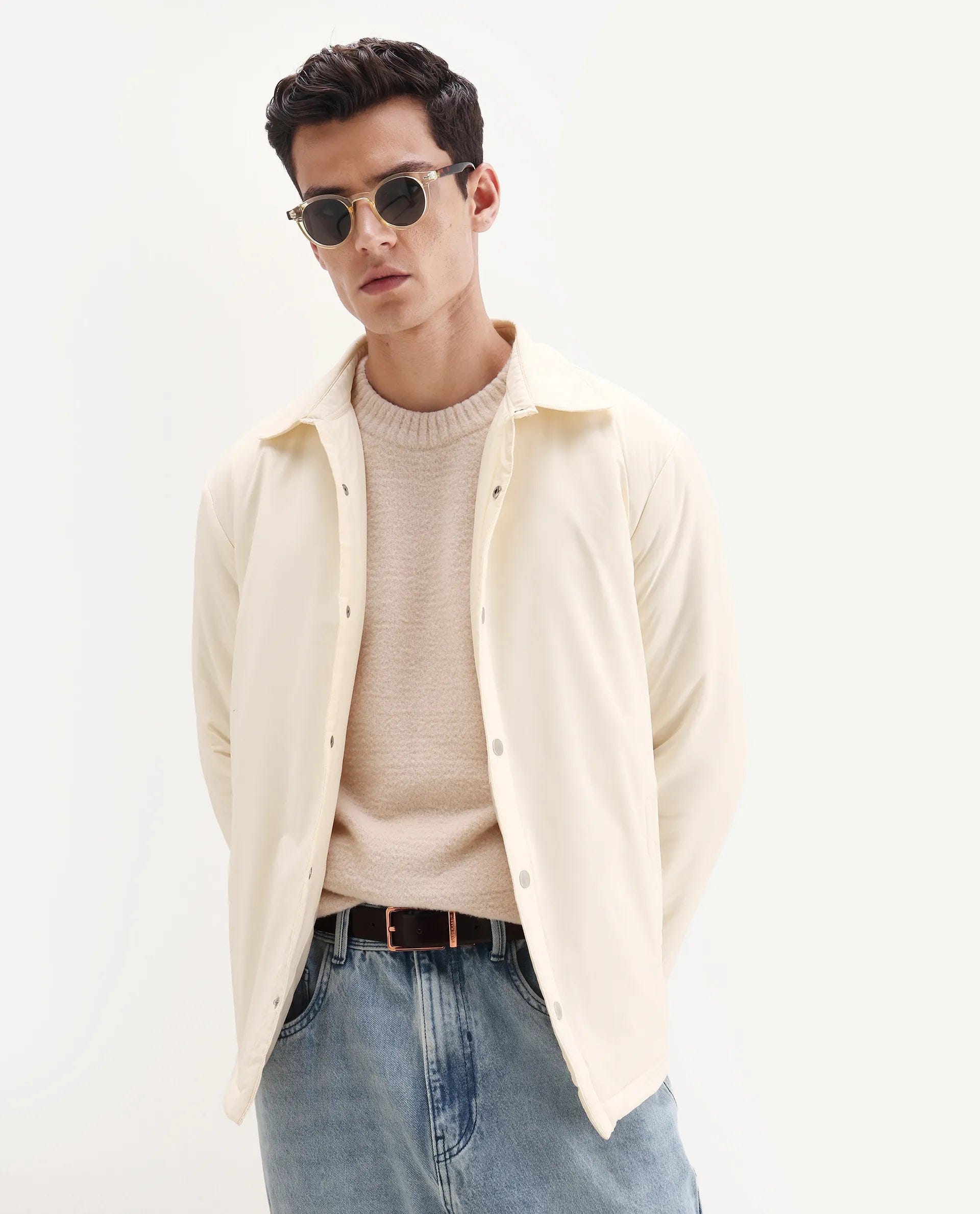 RARE Rabbit Men's Olva Light Yellow Polyester Fabric Collared Neck Regular Plain Jacket