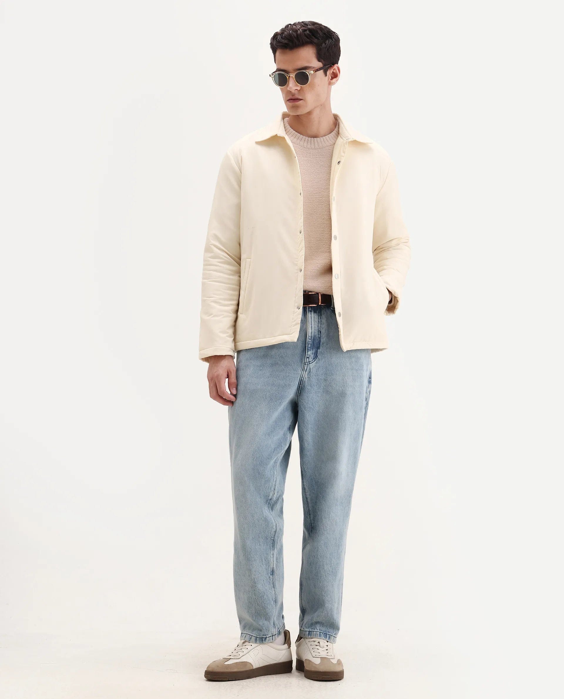 RARE Rabbit Men's Olva Light Yellow Polyester Fabric Collared Neck Regular Plain Jacket