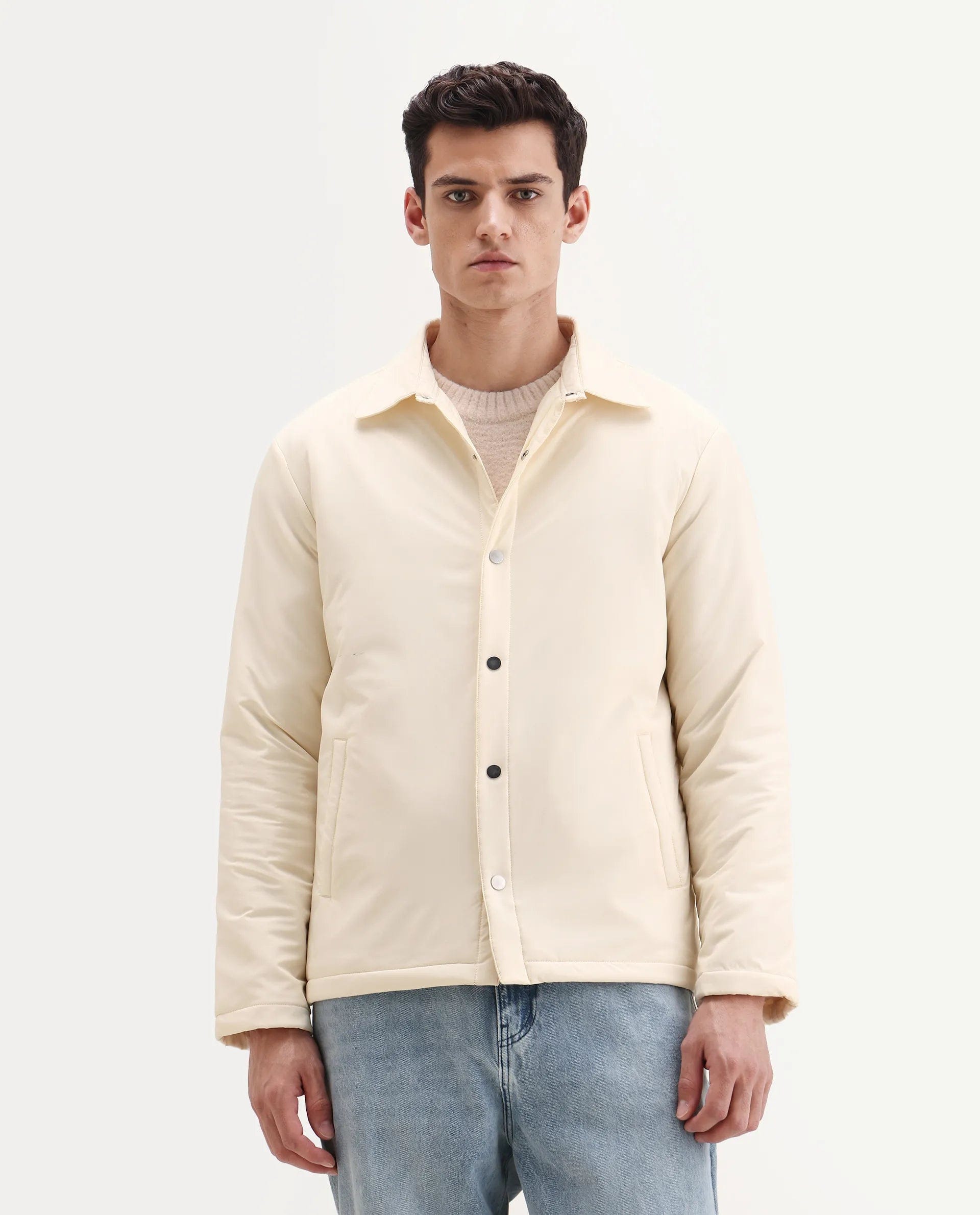 RARE Rabbit Men's Olva Light Yellow Polyester Fabric Collared Neck Regular Plain Jacket