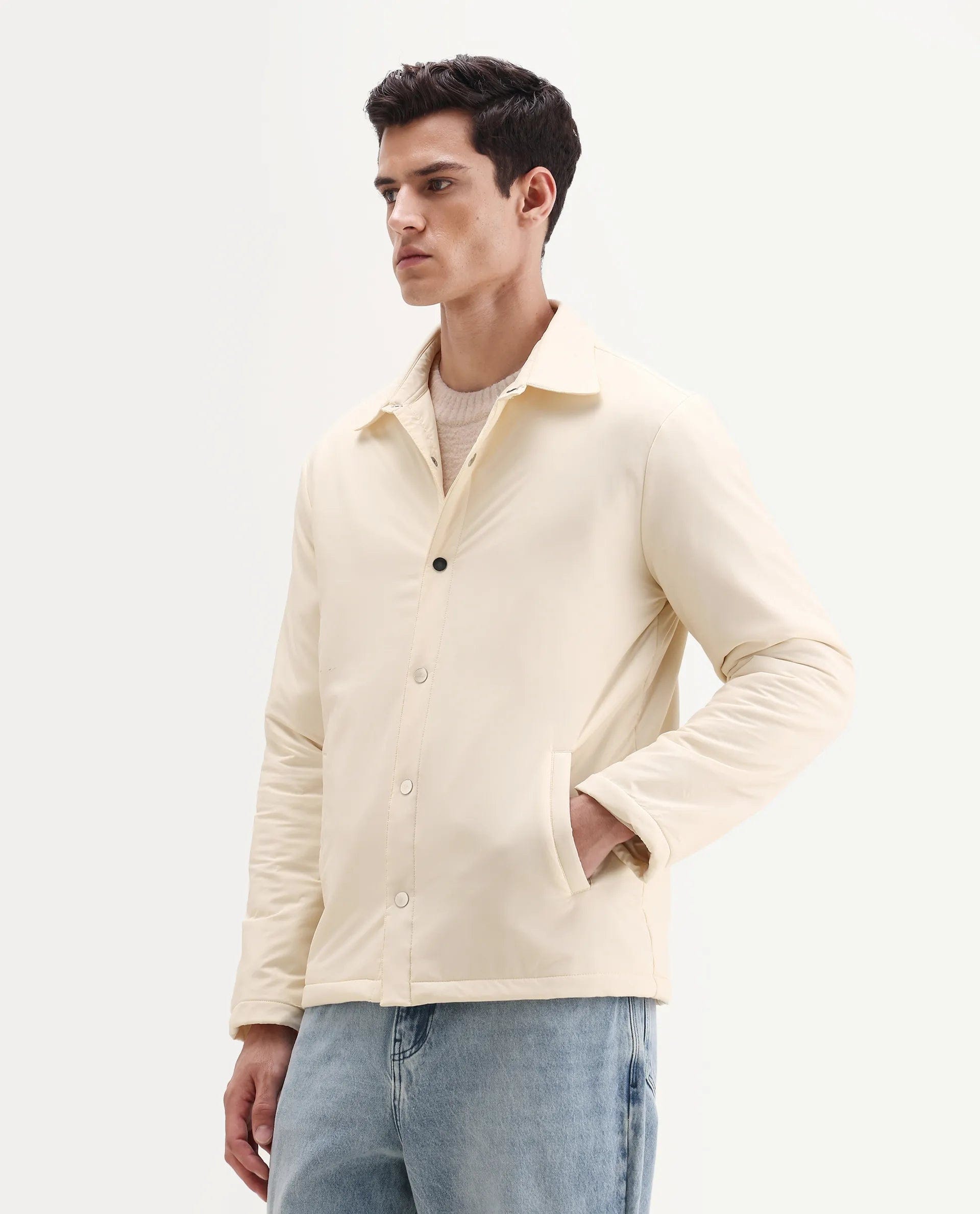RARE Rabbit Men's Olva Light Yellow Polyester Fabric Collared Neck Regular Plain Jacket