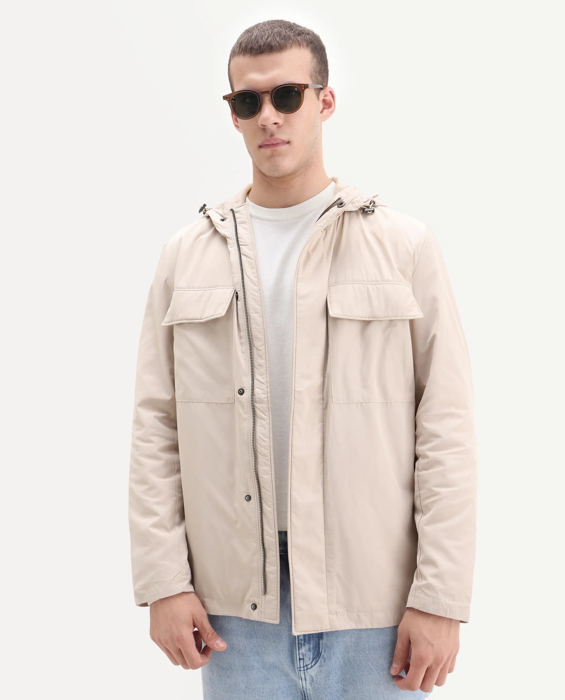 RARE Rabbit Men's Boqi Beige Polyester Fabric Hooded Regular Fit Plain Jacket