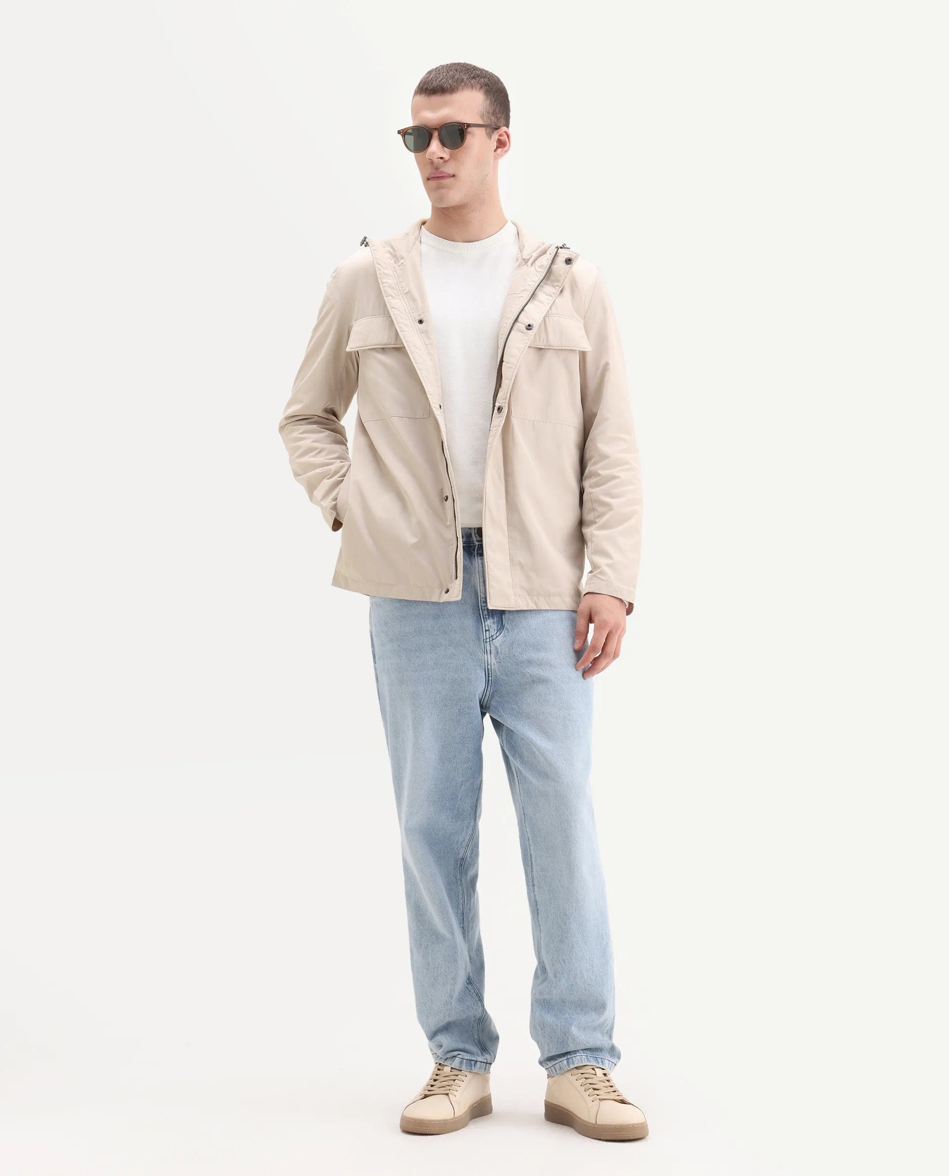 RARE Rabbit Men's Boqi Beige Polyester Fabric Hooded Regular Fit Plain Jacket
