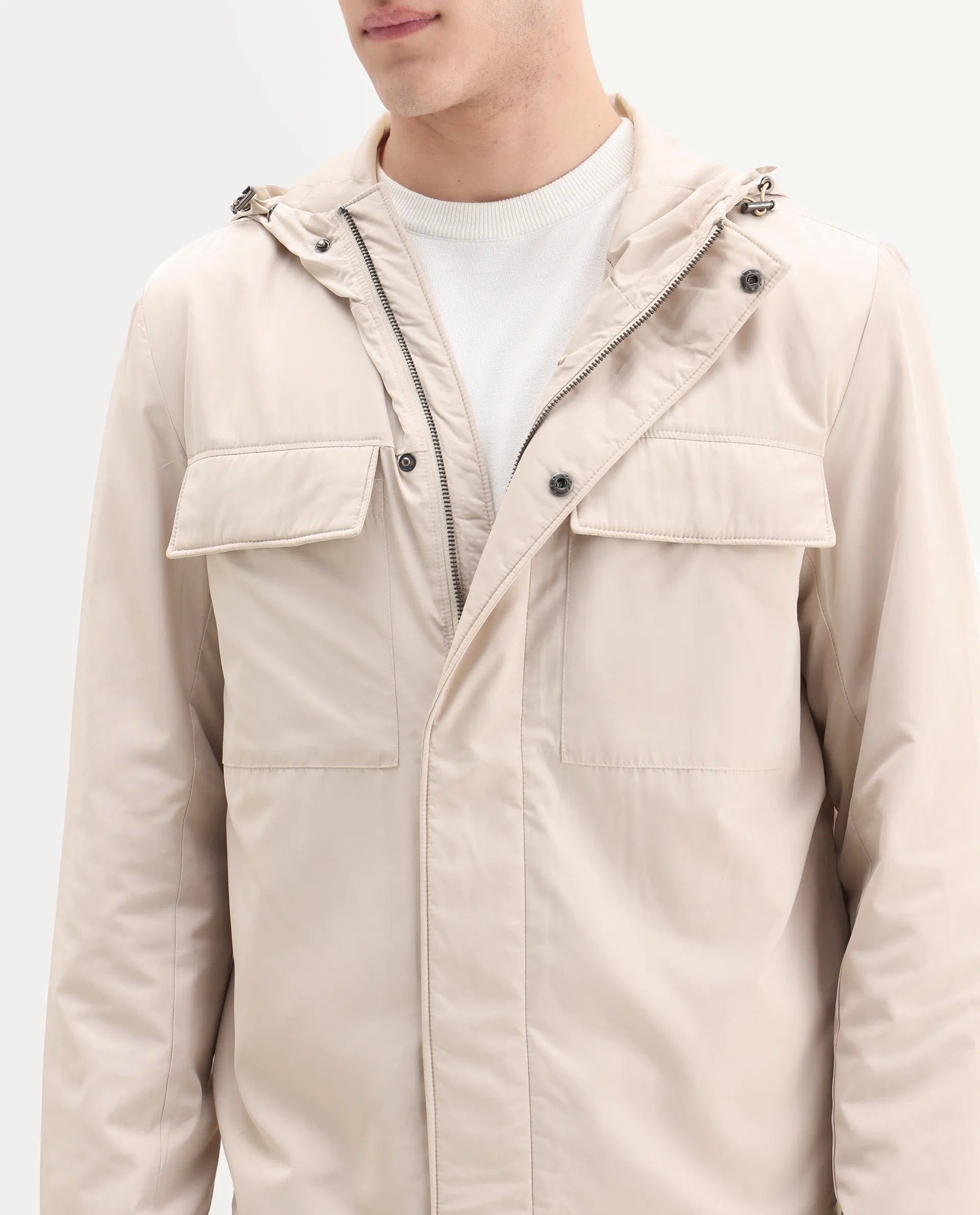 RARE Rabbit Men's Boqi Beige Polyester Fabric Hooded Regular Fit Plain Jacket
