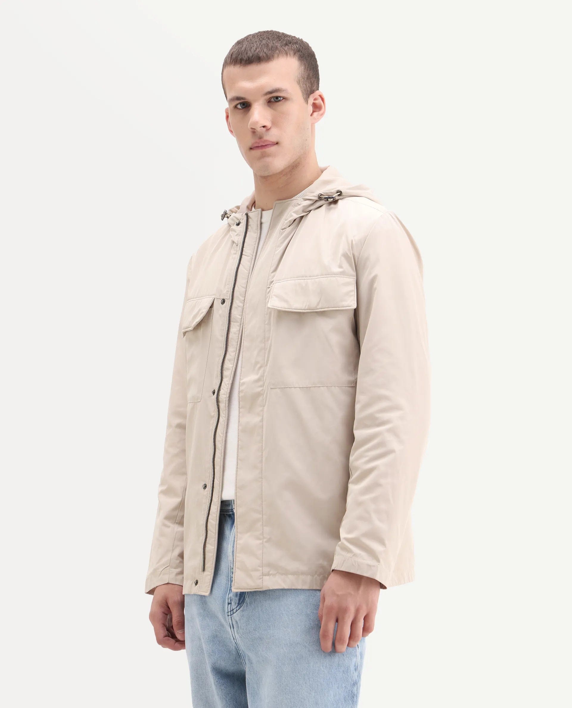 RARE Rabbit Men's Boqi Beige Polyester Fabric Hooded Regular Fit Plain Jacket