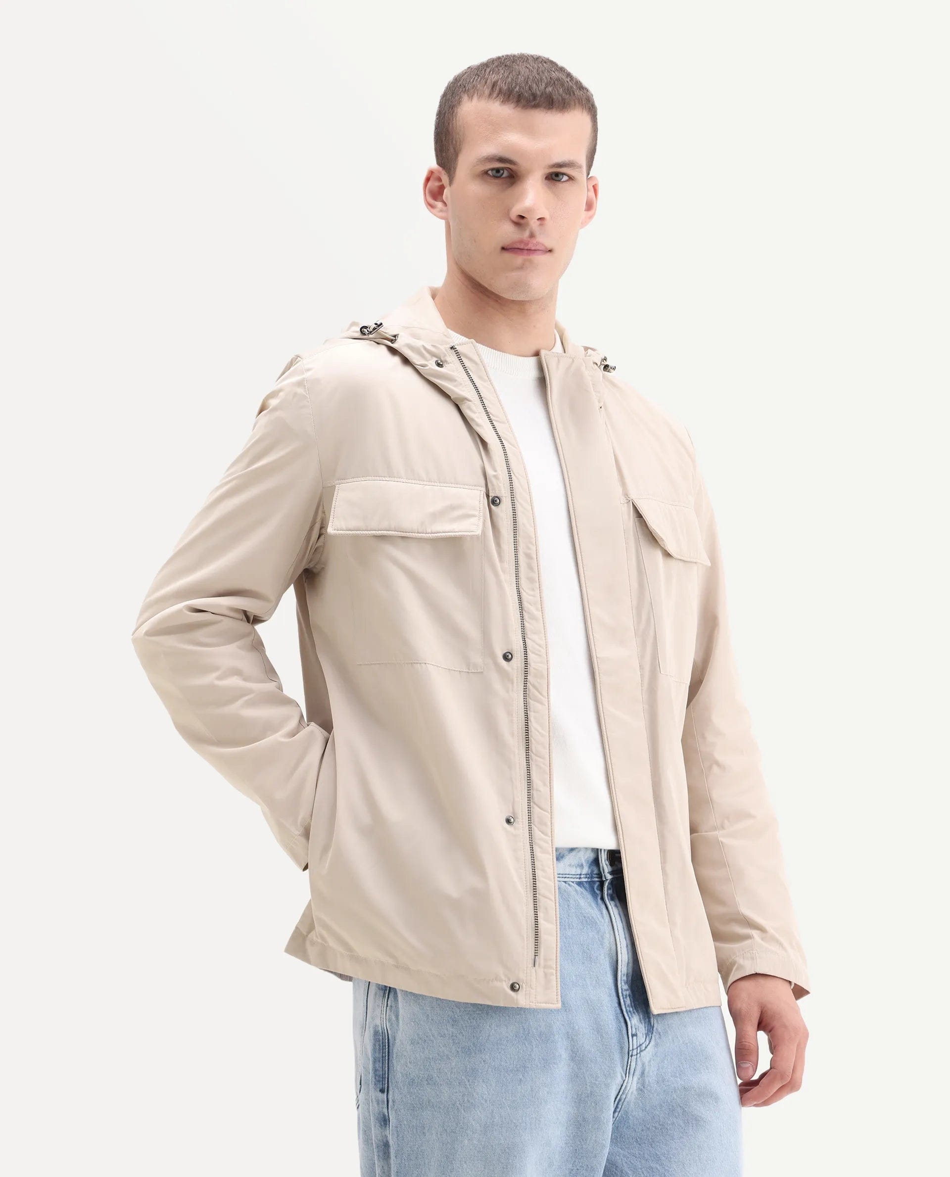 RARE Rabbit Men's Boqi Beige Polyester Fabric Hooded Regular Fit Plain Jacket
