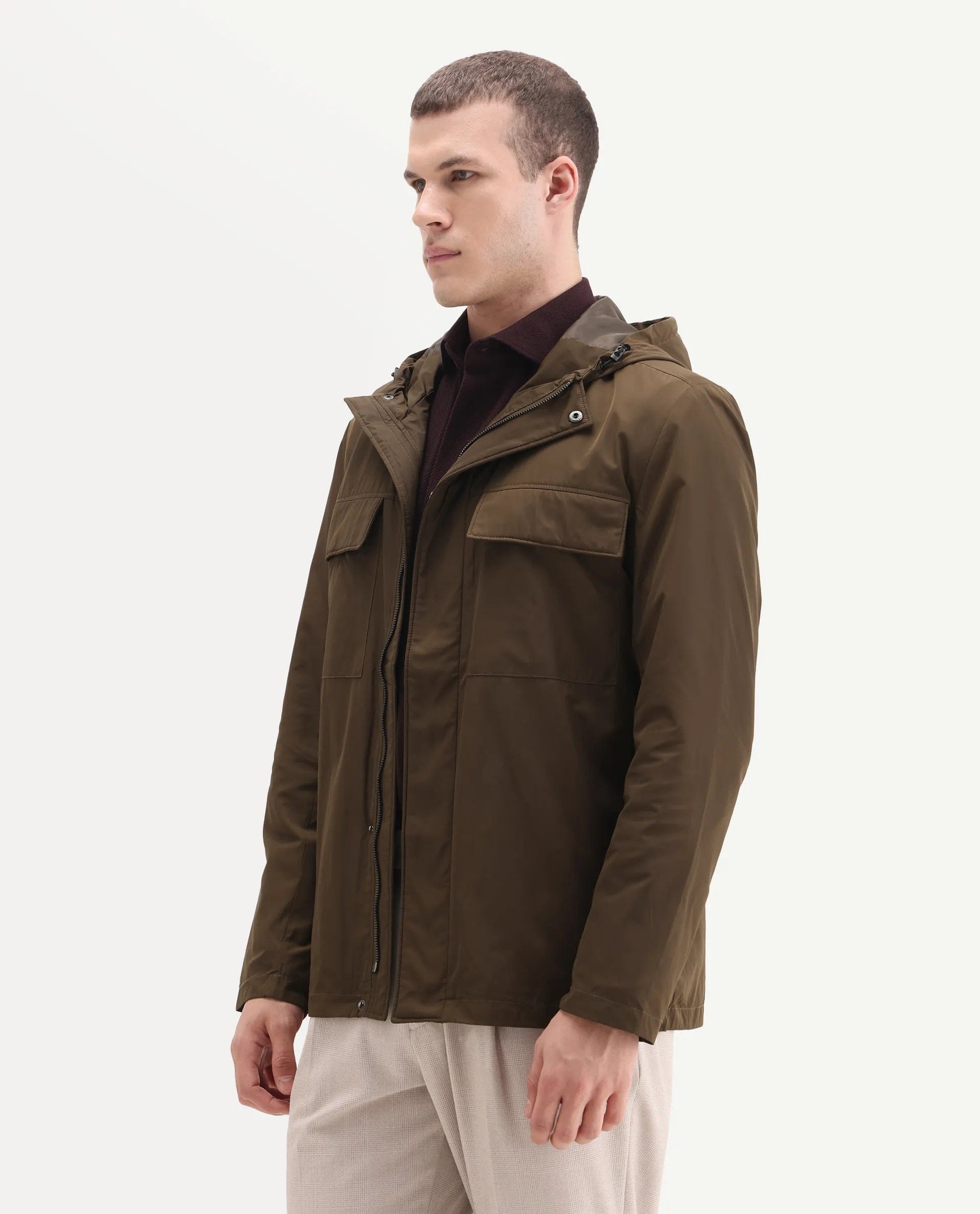 RARE Rabbit Men's Boqi Coffee Polyester Fabric Hooded Regular Fit Plain Jacket