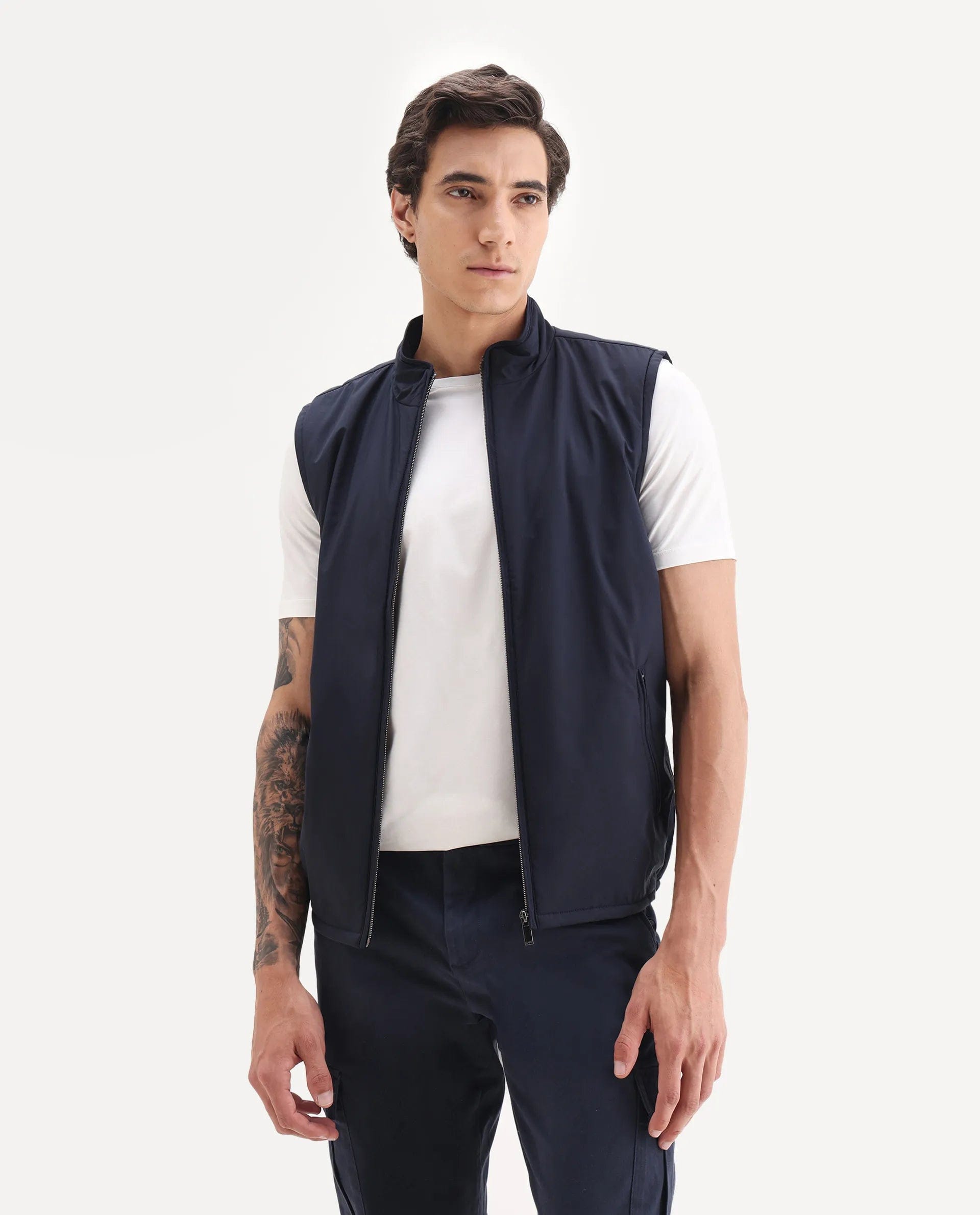 RARE Rabbit Men's Derry Navy Polyester Fabric High Neck Regular Fit Plain Jacket