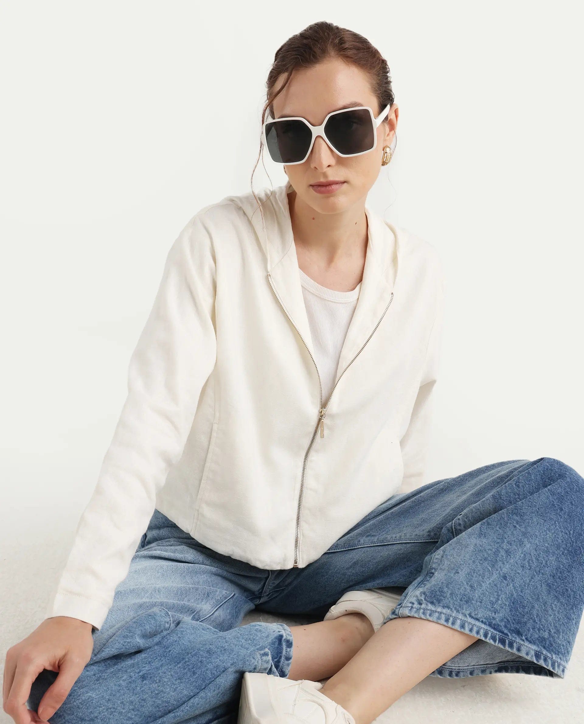 Rareism Women's Colin - T Off White Linen Blend Hooded Regular Fit Jacket