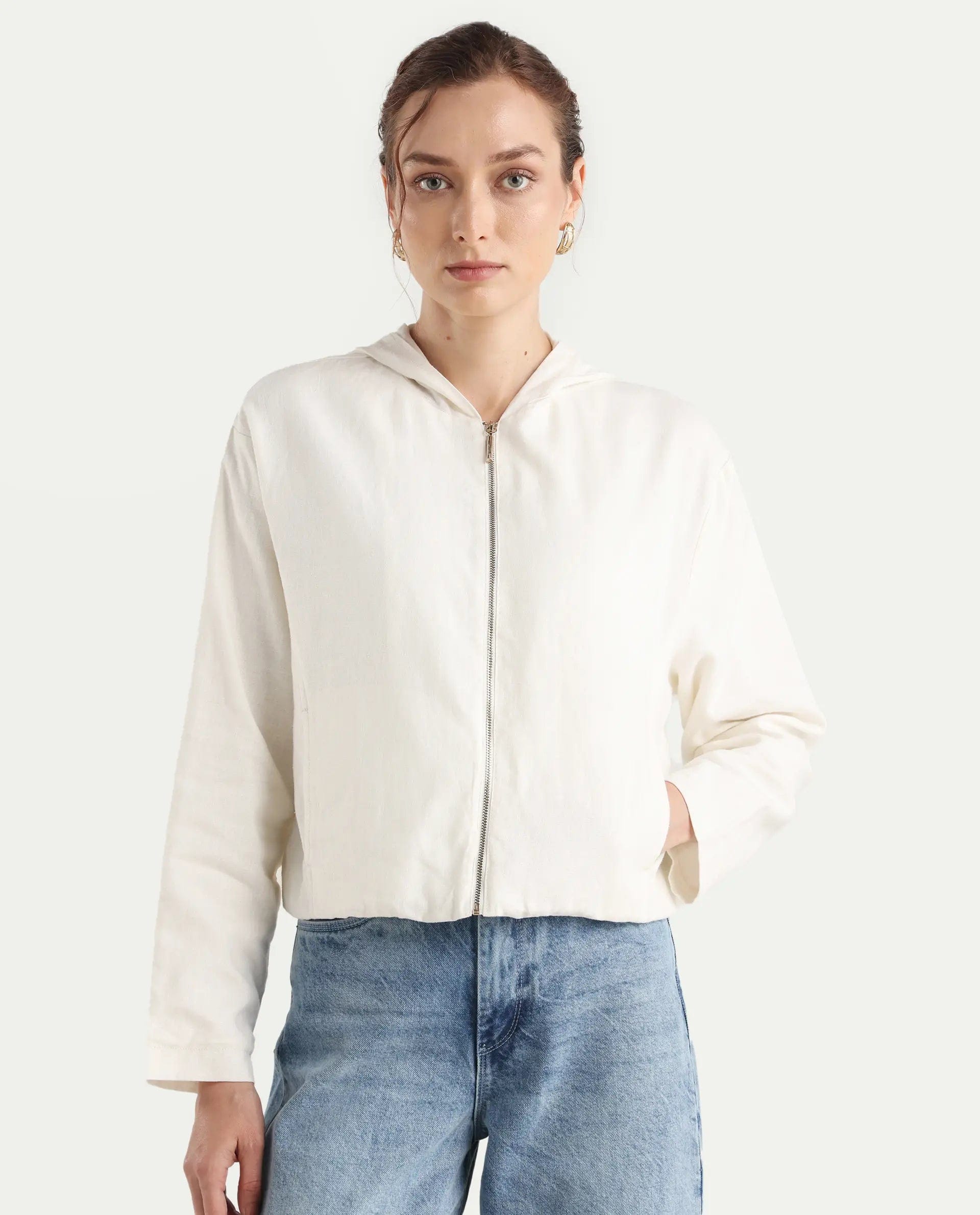 Rareism Women's Colin - T Off White Linen Blend Hooded Regular Fit Jacket