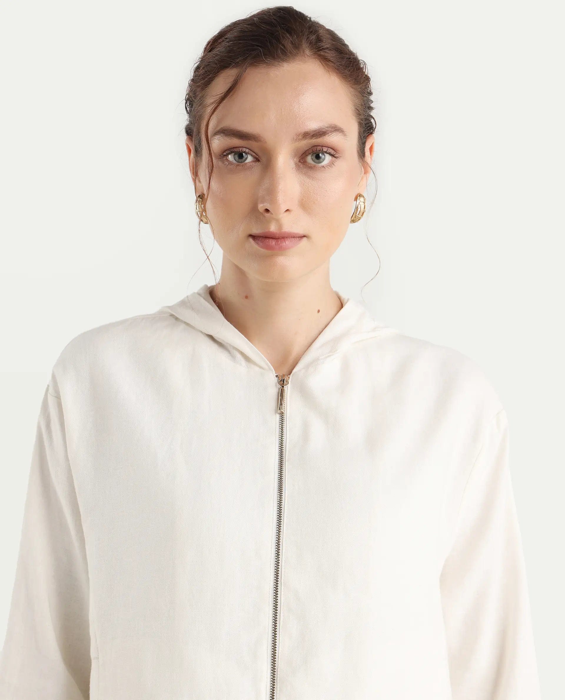 Rareism Women's Colin - T Off White Linen Blend Hooded Regular Fit Jacket