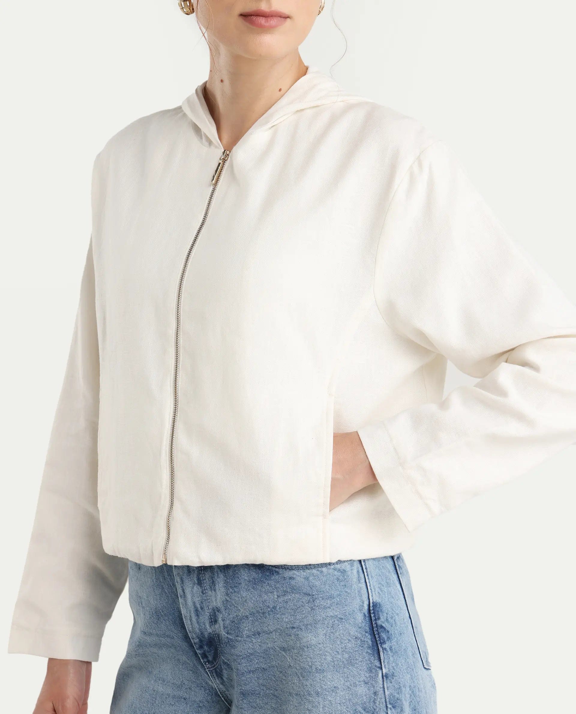 Rareism Women's Colin - T Off White Linen Blend Hooded Regular Fit Jacket