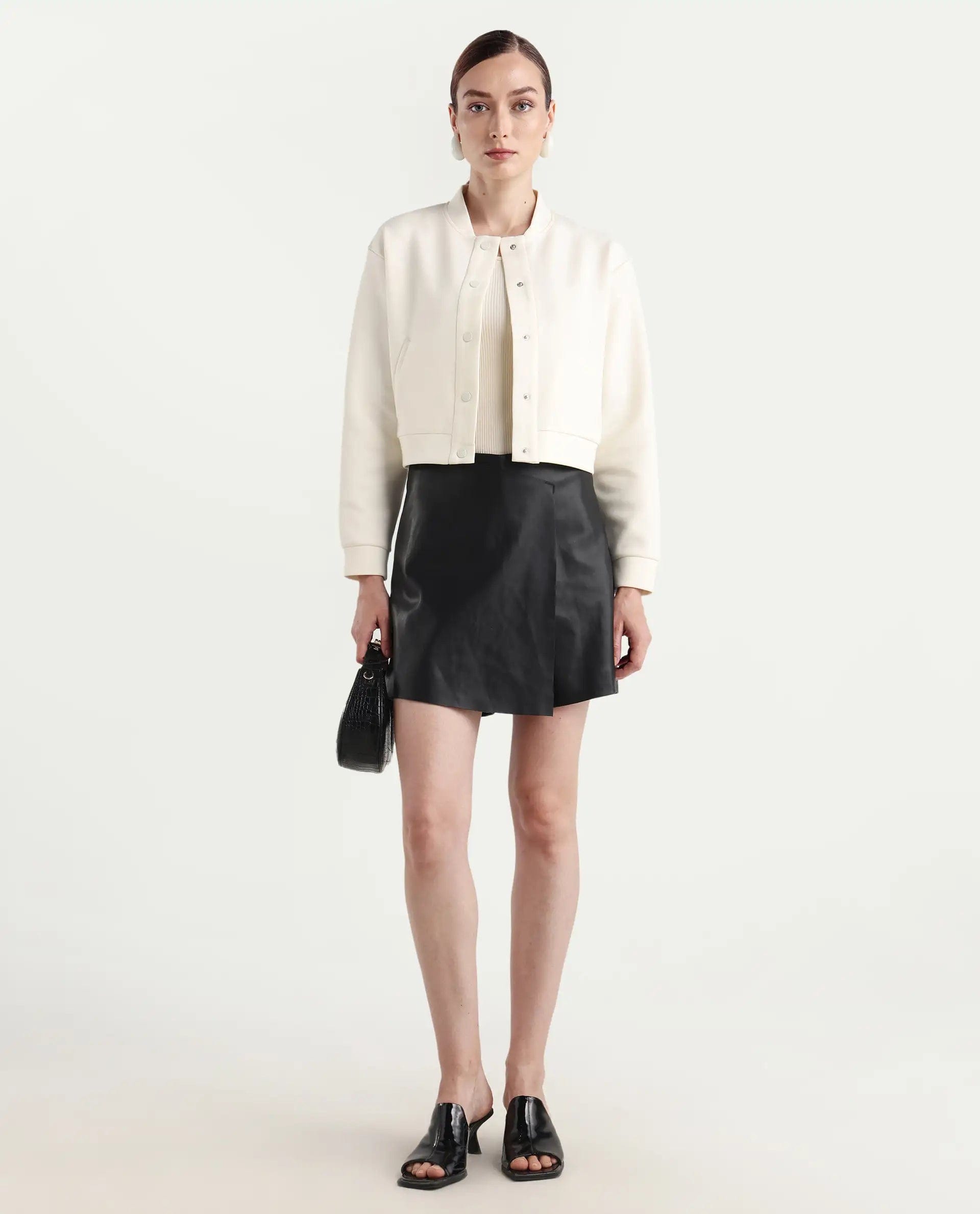 Rareism Women's Nitt Off White Cotton Blend Stand Collar Regular Fit Jacket