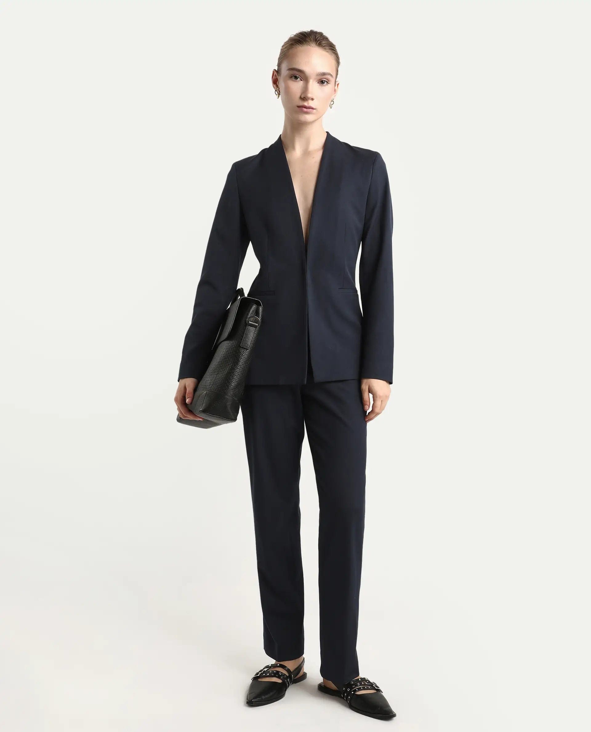 Rareism Women's Resha Navy Polyester Blend Fabric Full Sleeve Plain Blazer